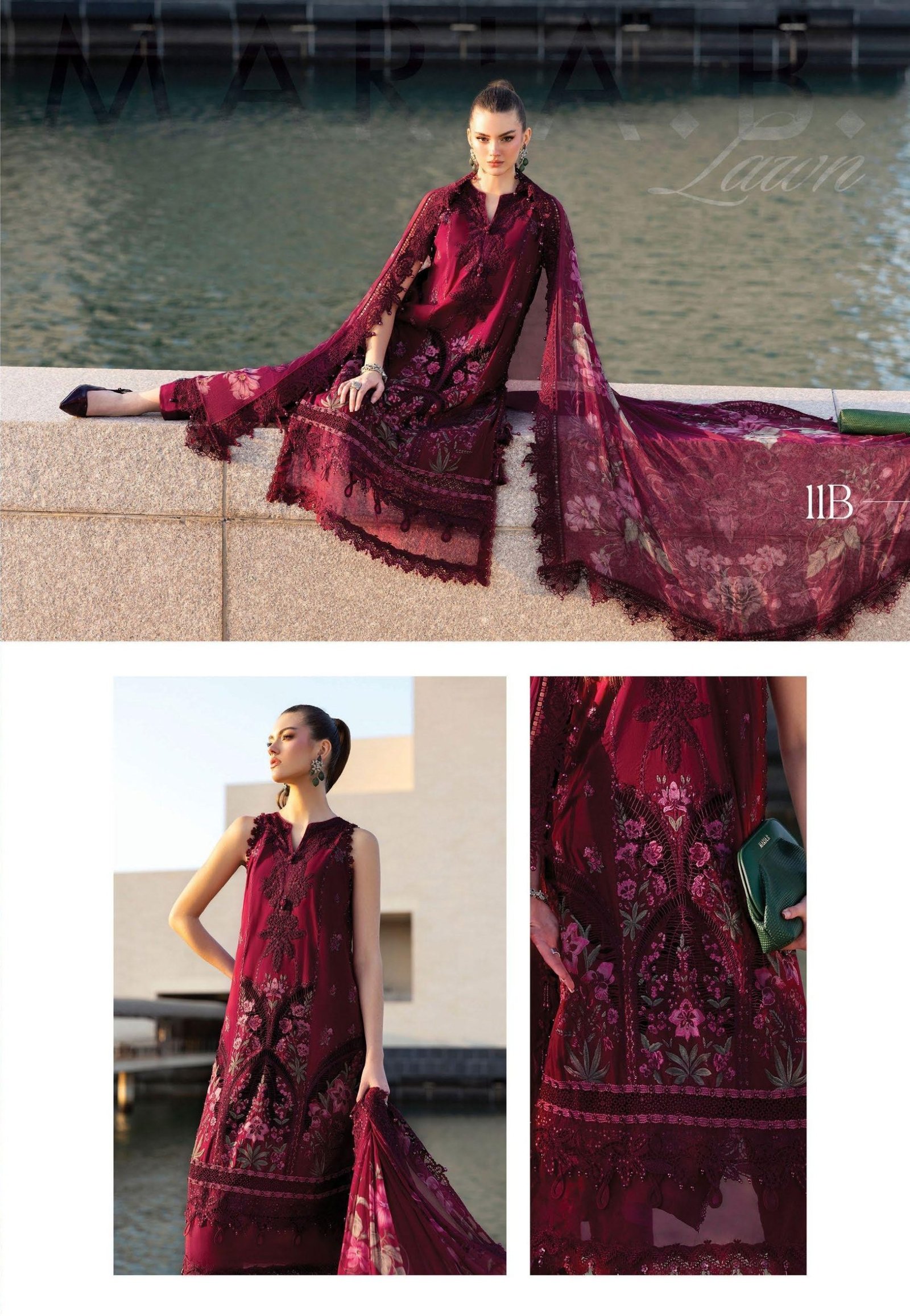Maria.B Luxury Lawn - Crimson Red Embroidered Suit - Image 2
