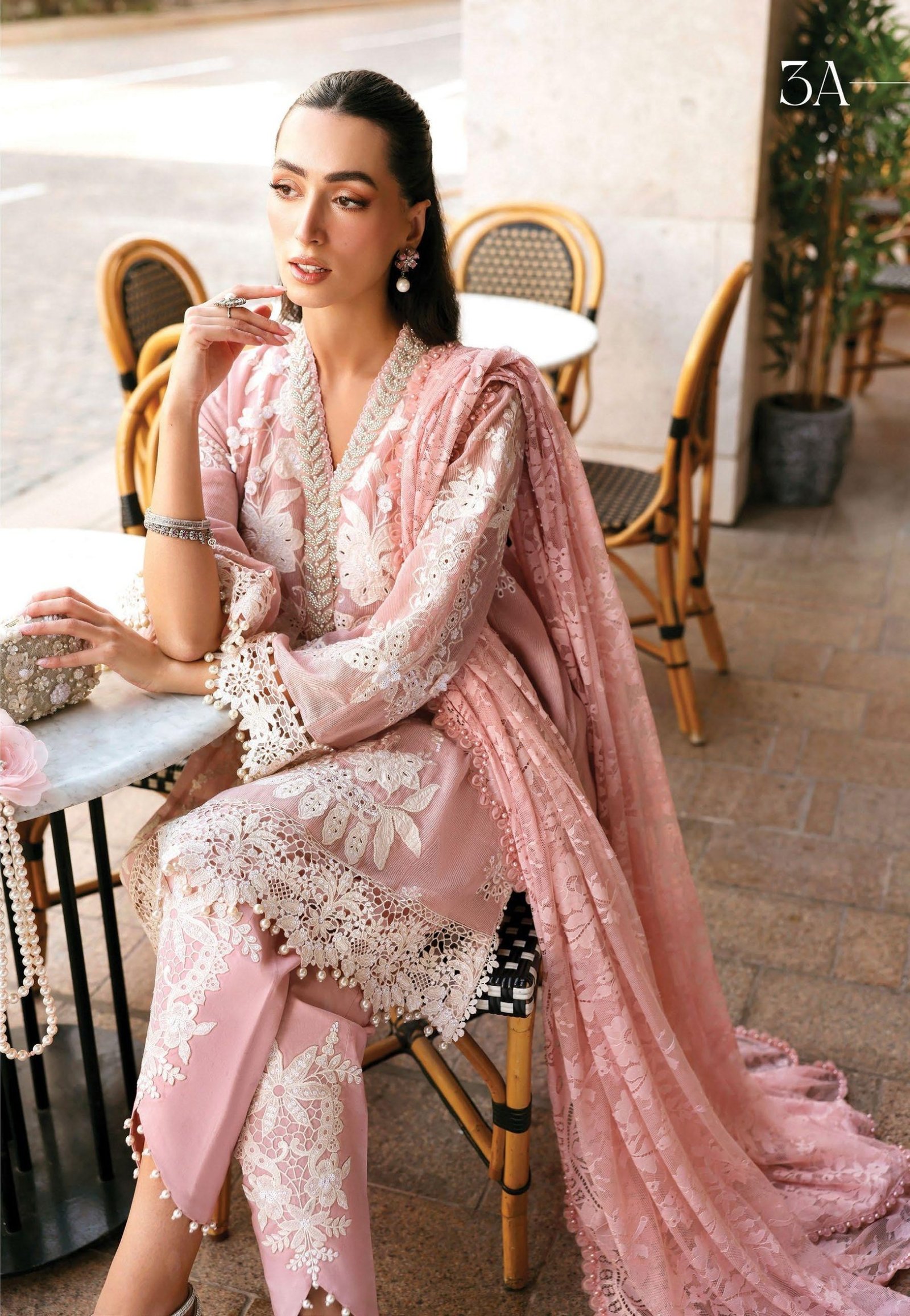 Maria.B Luxury Lawn - Pastel Pink & Gold Embroidered Suit - Image 3