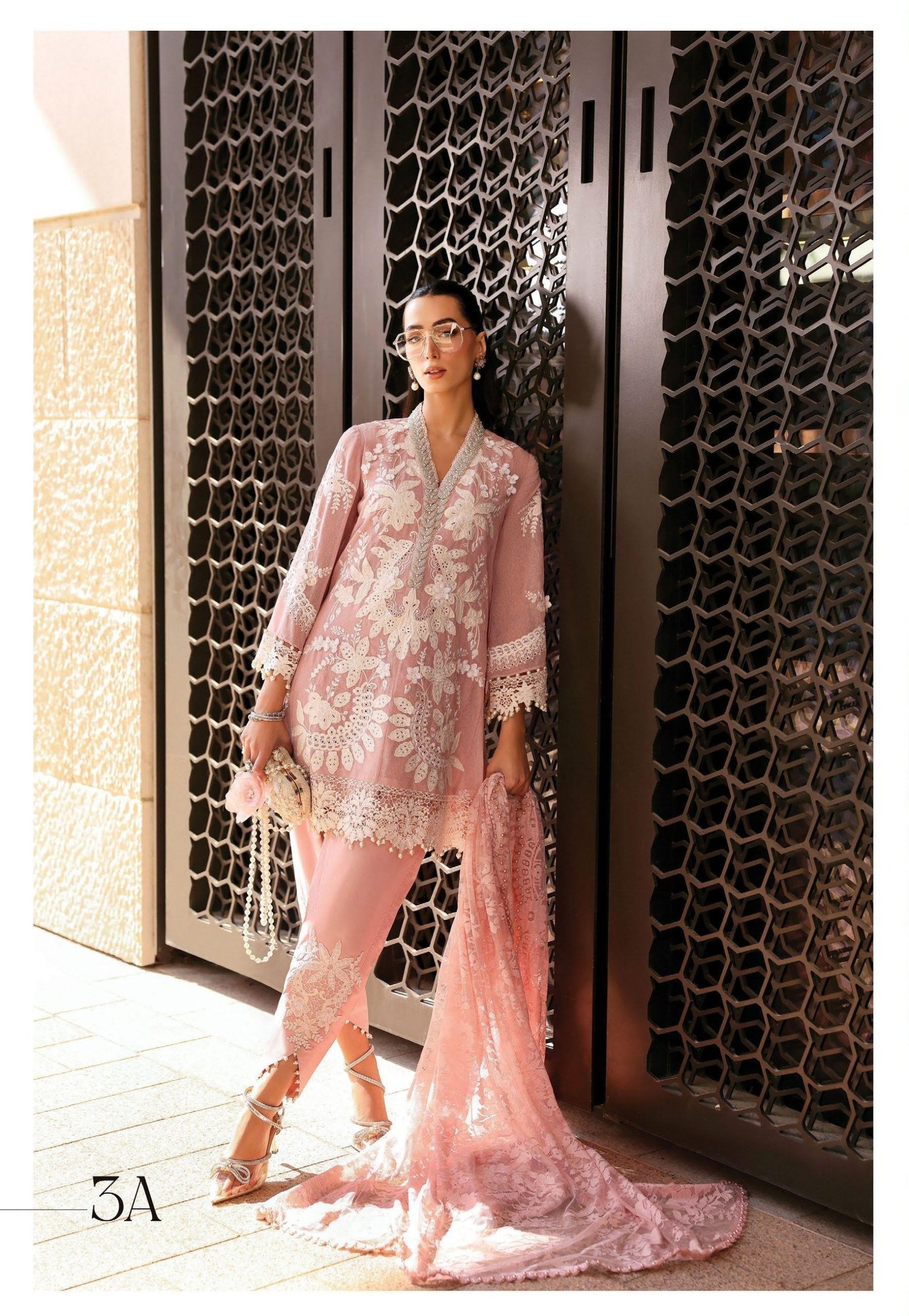 Maria.B Luxury Lawn - Pastel Pink & Gold Embroidered Suit - Image 5