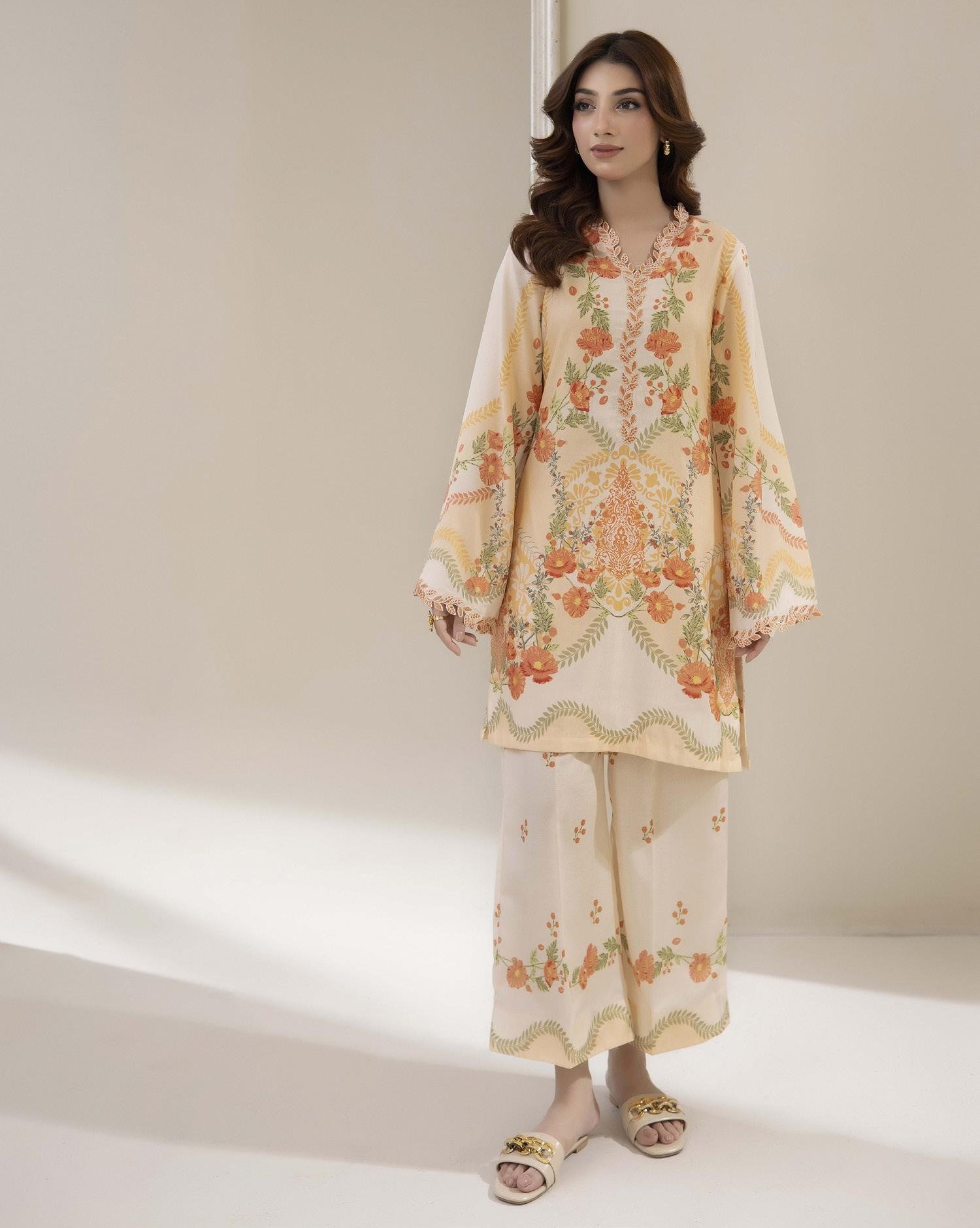Adans Libas Printed Co-ord Set - Peach & Orange Floral