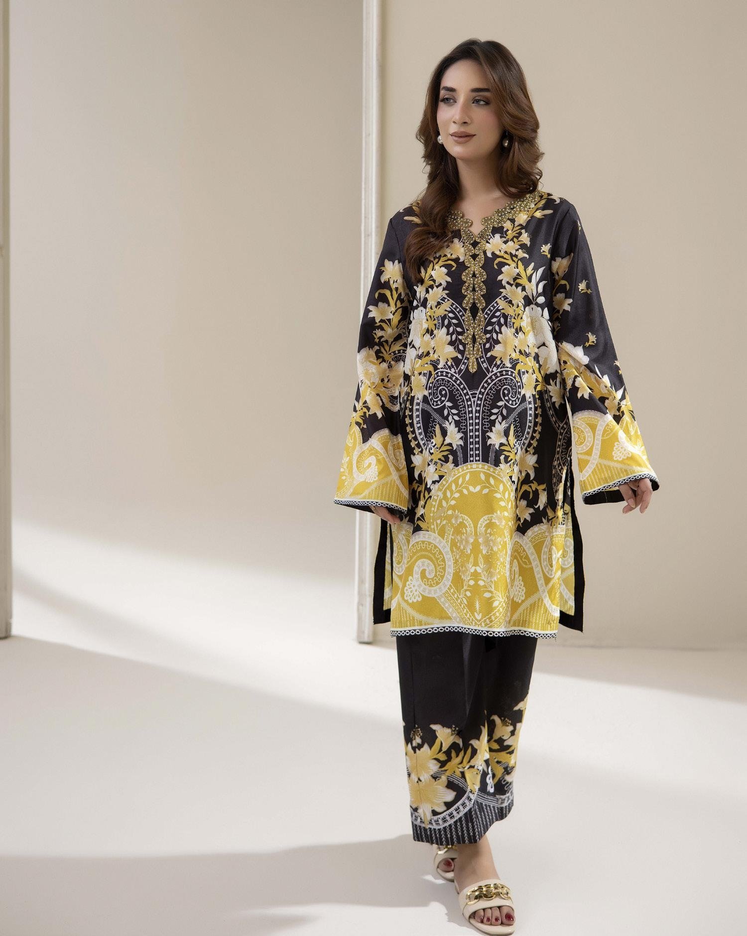 Adans Libas Printed Co-ord Set - Black & Yellow Gold Floral