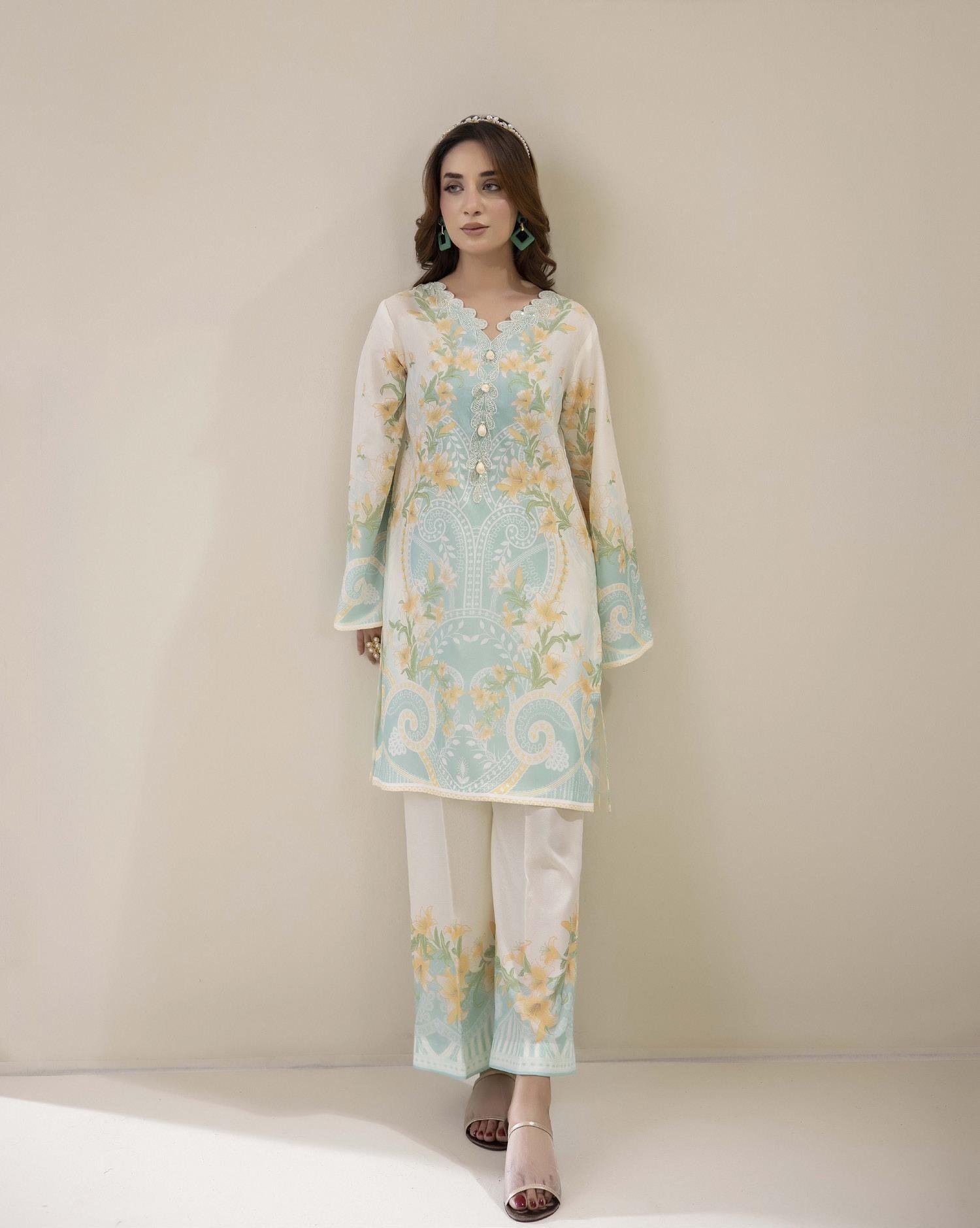 Adans Libas Printed Co-ord Set - White & Pastel Floral