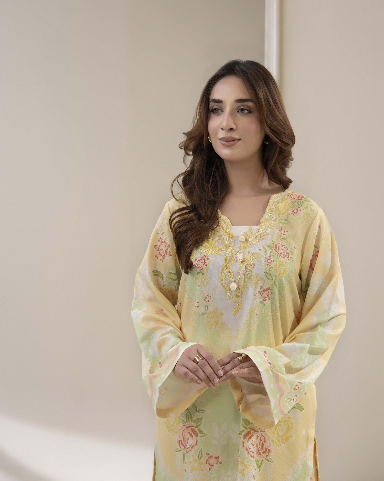 Adans Libas Printed Co-ord Set - Lime Yellow Floral - Image 2