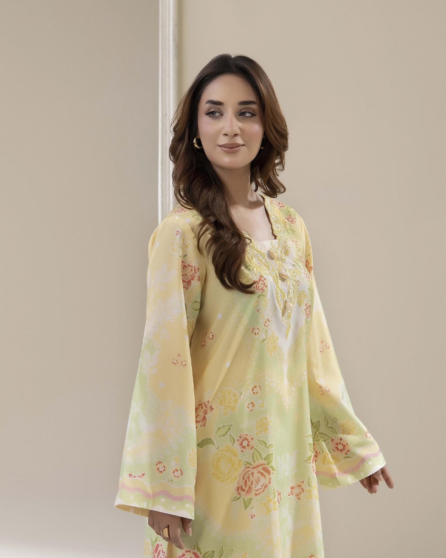 Adans Libas Printed Co-ord Set - Lime Yellow Floral - Image 3