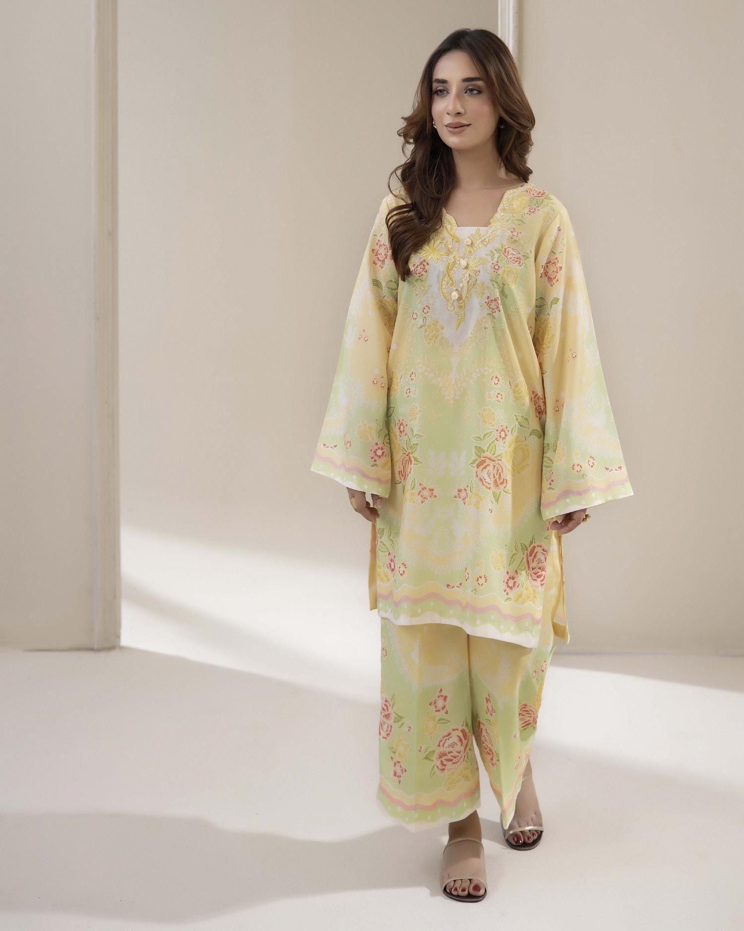 Adans Libas Printed Co-ord Set - Lime Yellow Floral
