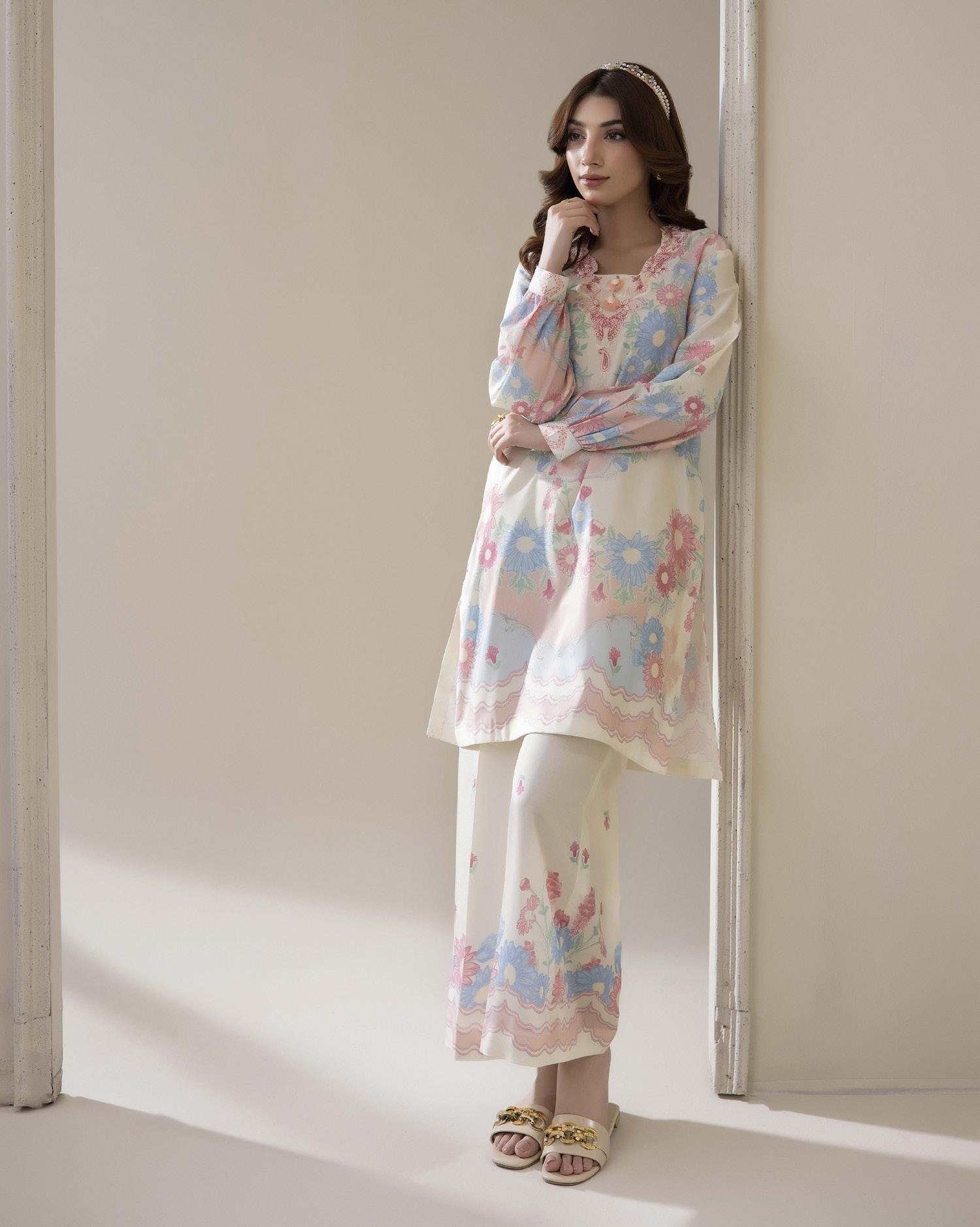Adans Libas Printed Co-ord Set - Off-White & Pink Rose - Image 2