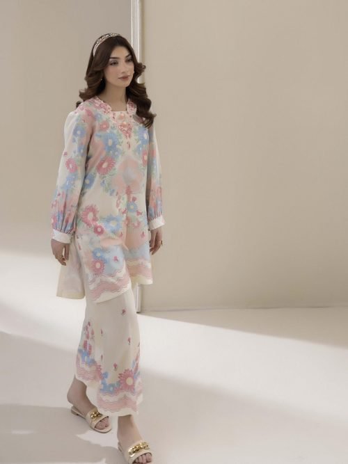 Adans Libas Printed Co-ord Set - Off-White & Pink Rose