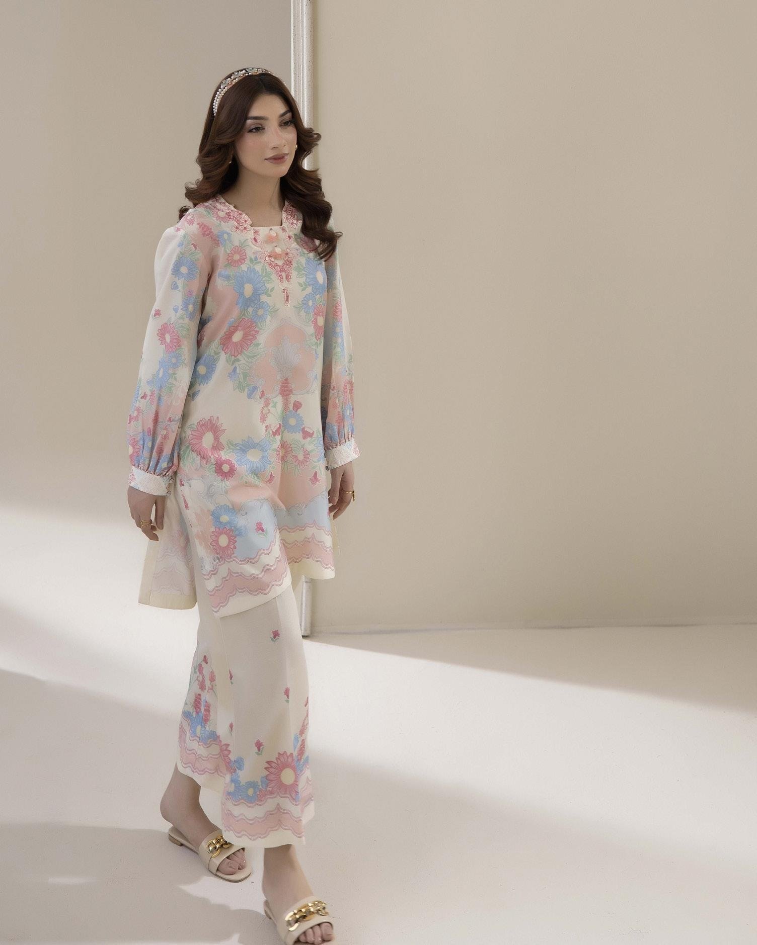 Adans Libas Printed Co-ord Set - Off-White & Pink Rose
