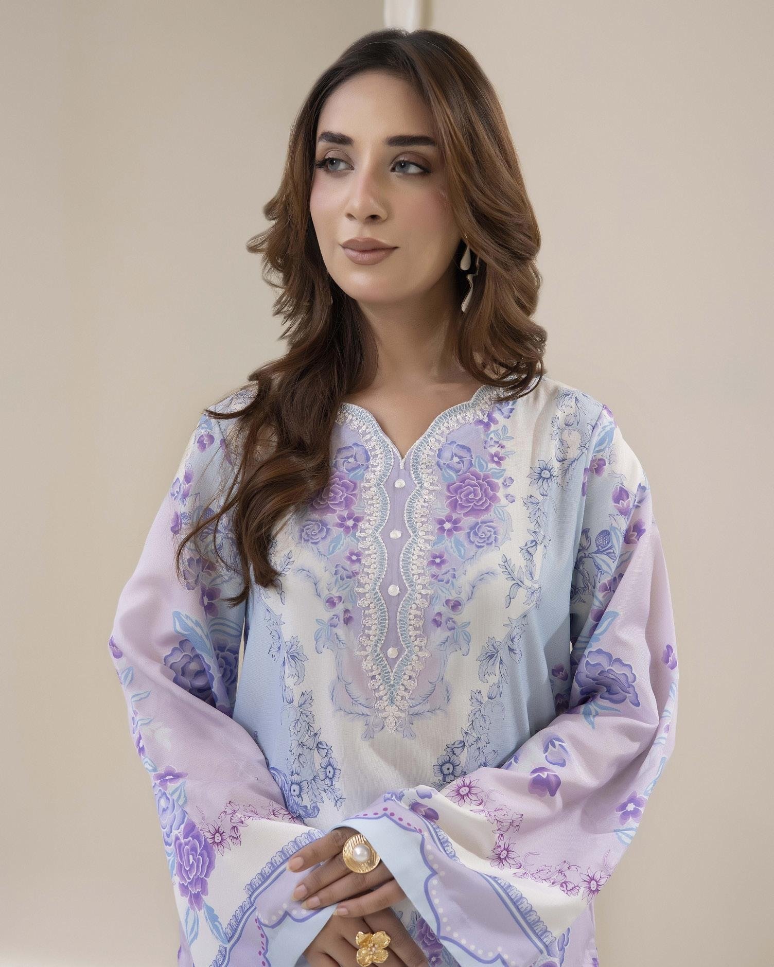 Adans Libas Printed Co-ord Set - Grey & Lilac Floral - Image 2
