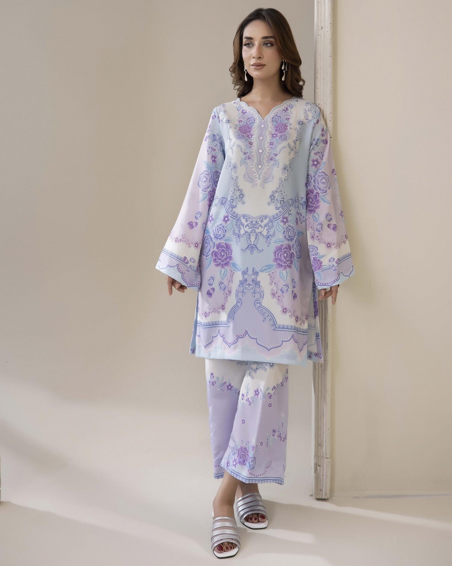 Adans Libas Printed Co-ord Set - Grey & Lilac Floral