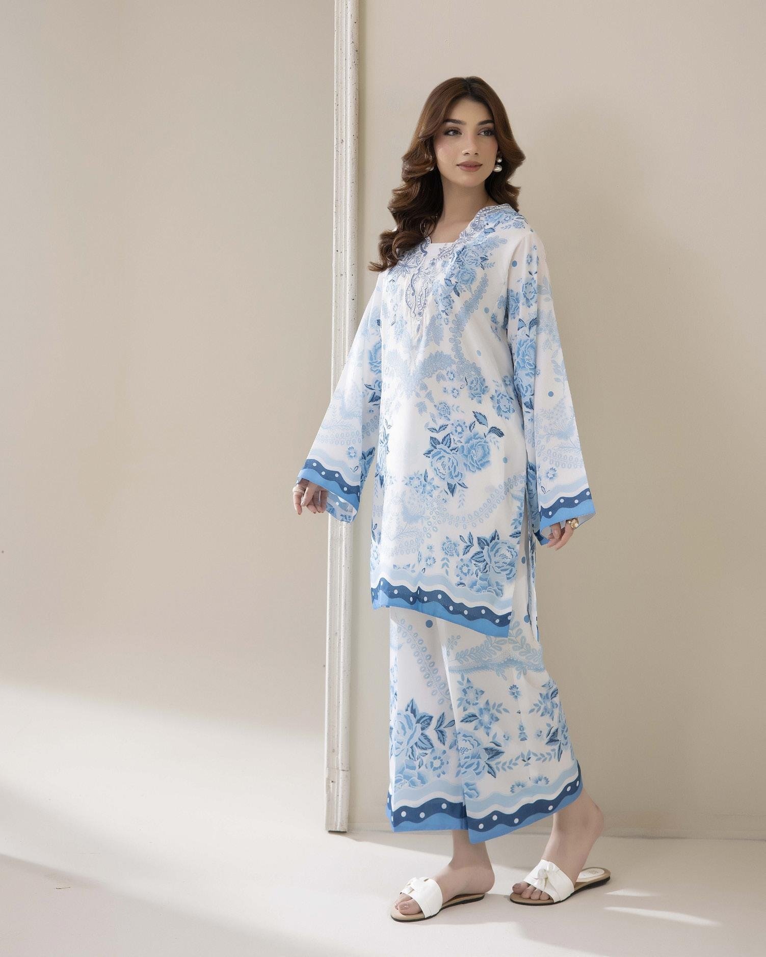 Adans Libas Printed Co-ord Set - Sky Blue & White Floral - Image 2