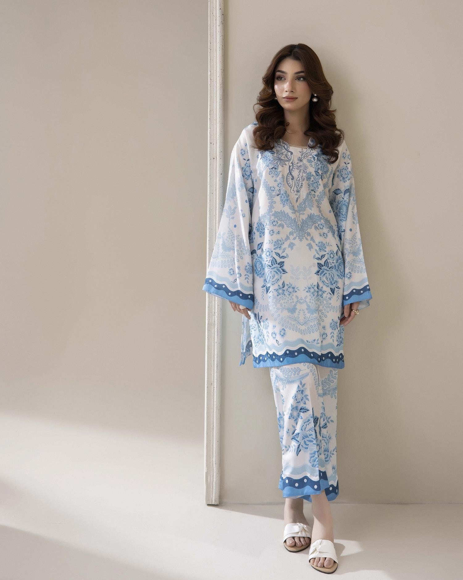 Adans Libas Printed Co-ord Set - Sky Blue & White Floral - Image 3