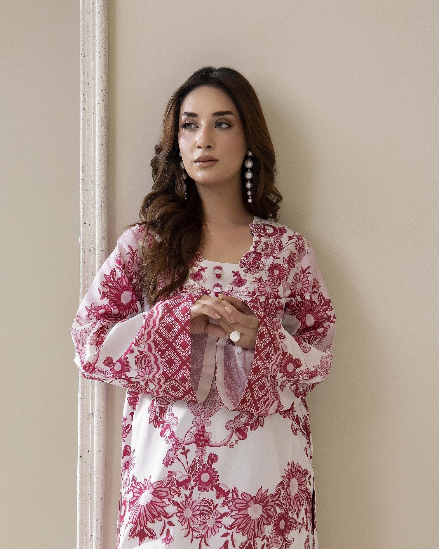 Adans Libas Printed Co-ord Set - Magenta & Deep Pink Print - Image 2