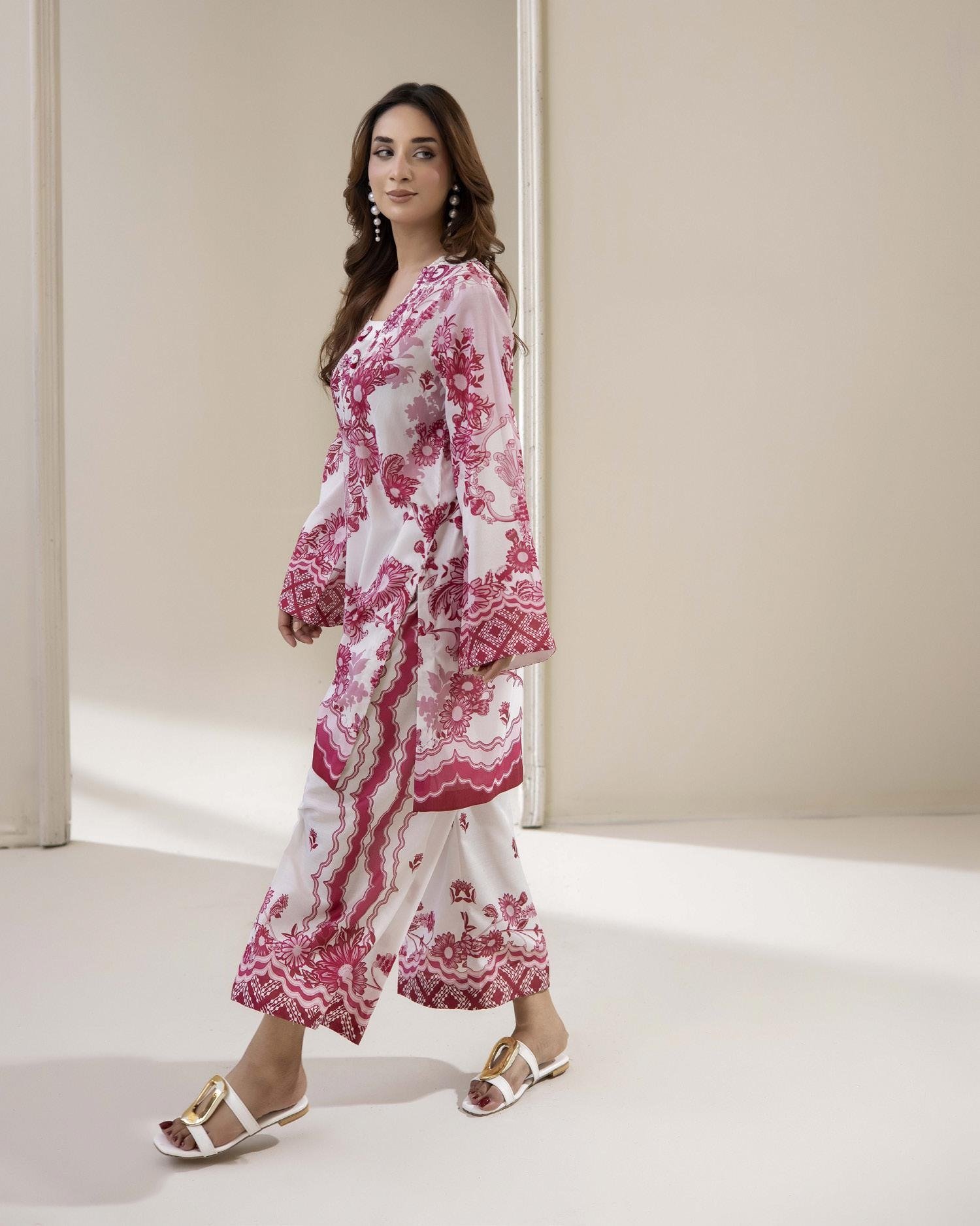 Adans Libas Printed Co-ord Set - Magenta & Deep Pink Print - Image 3