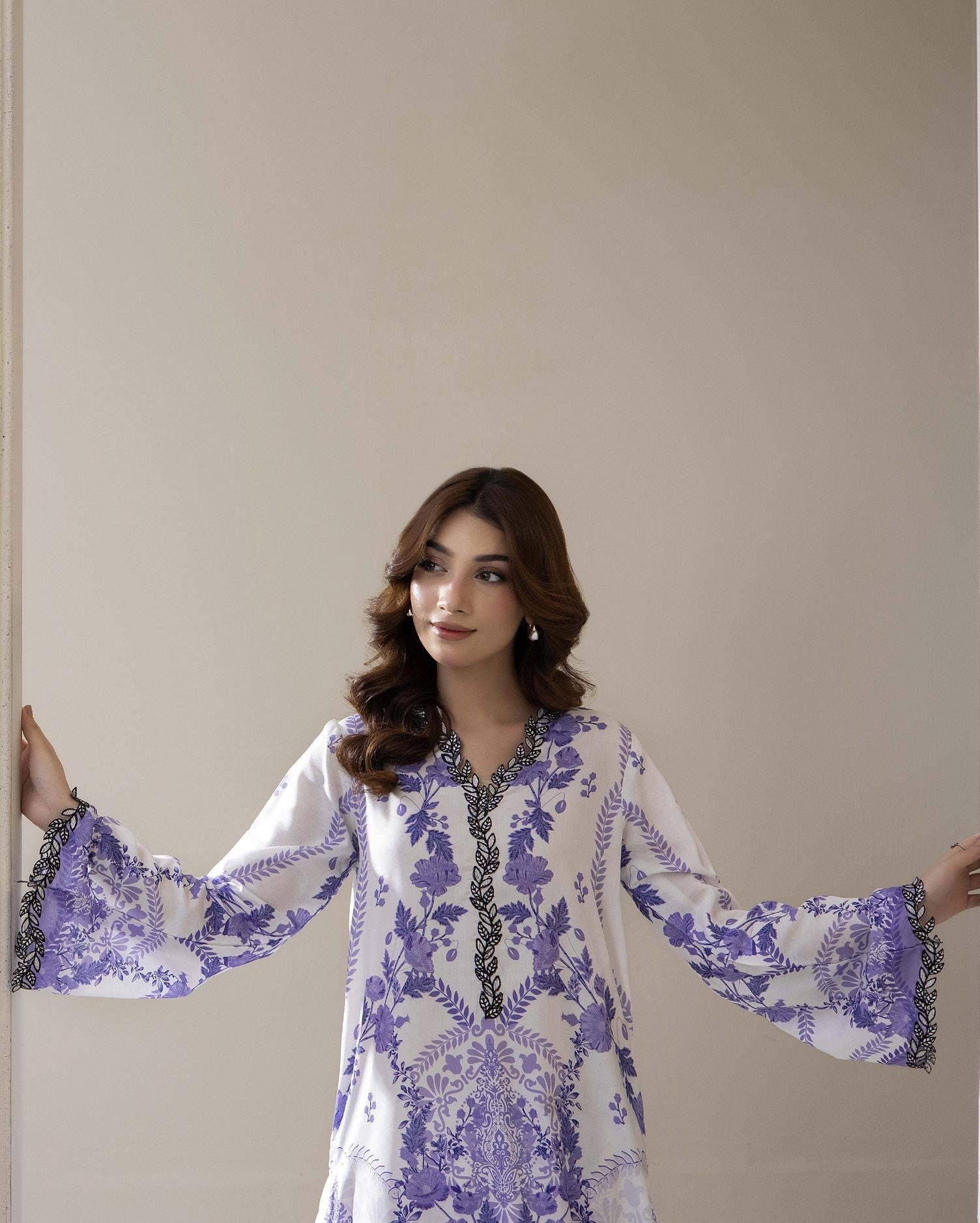 Adans Libas Printed Co-ord Set - Purple & Grey Floral Monochrome - Image 2