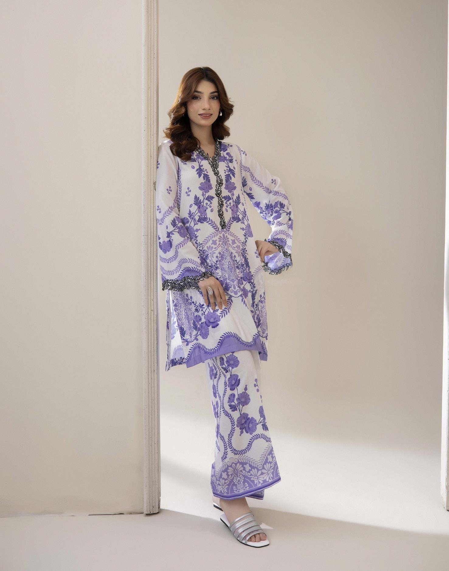 Adans Libas Printed Co-ord Set - Purple & Grey Floral Monochrome - Image 3