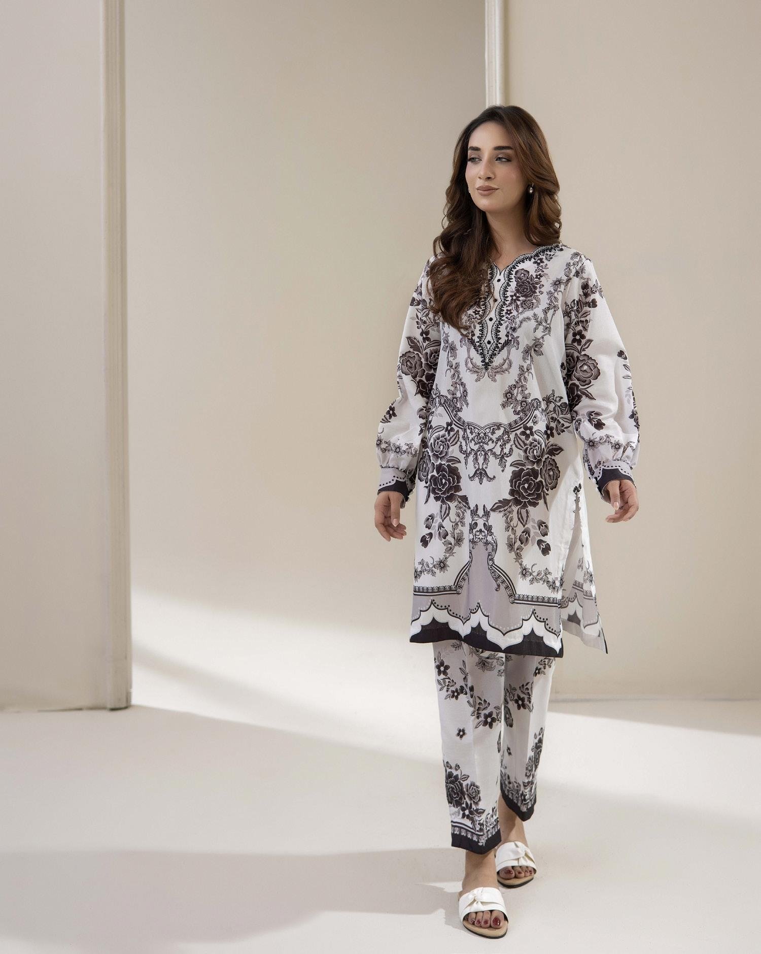 Adans Libas Printed Co-ord Set - Black & White Rose Print