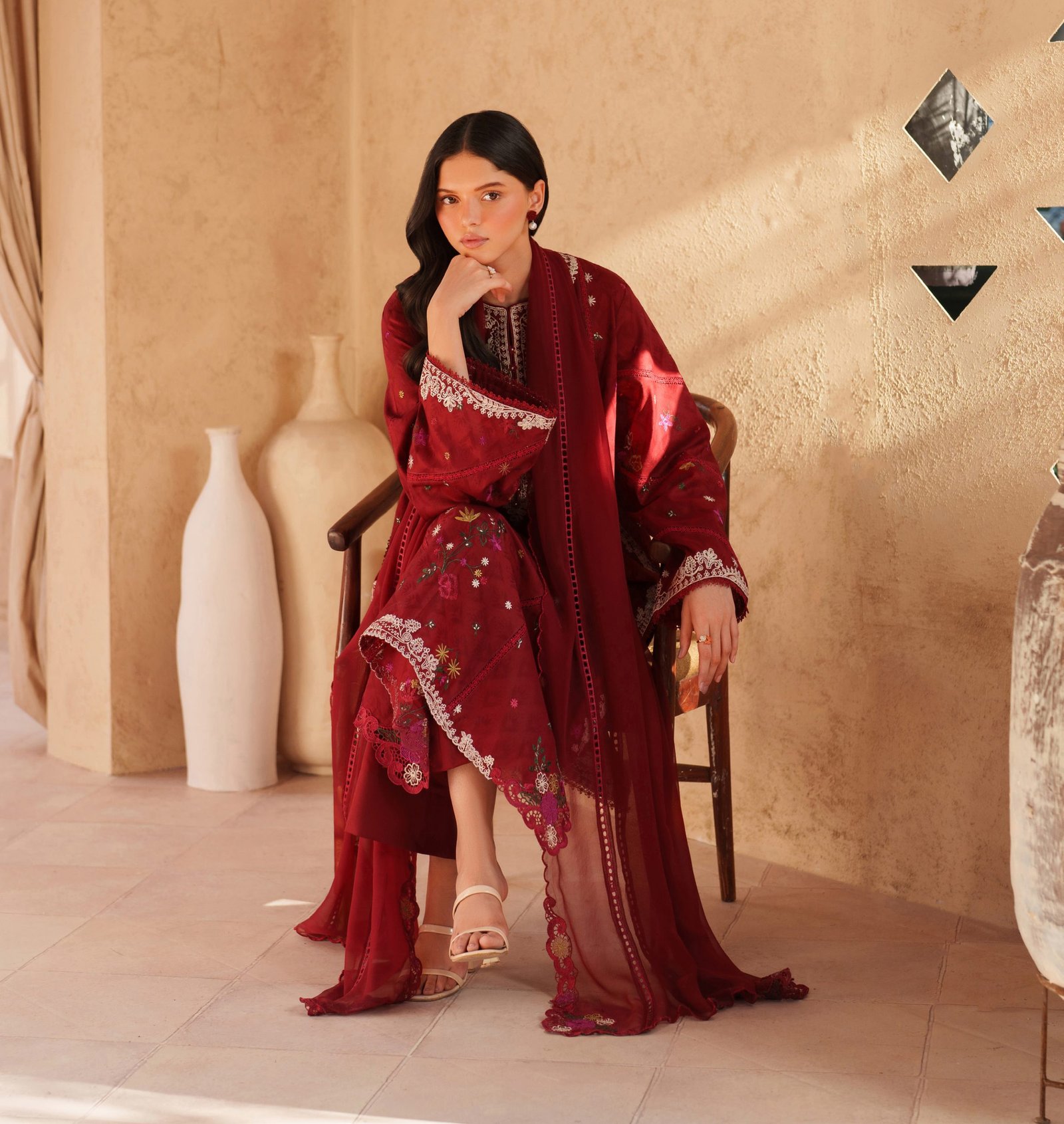Iznik Luxury Lawn - Red Embroidered Suit - Image 2