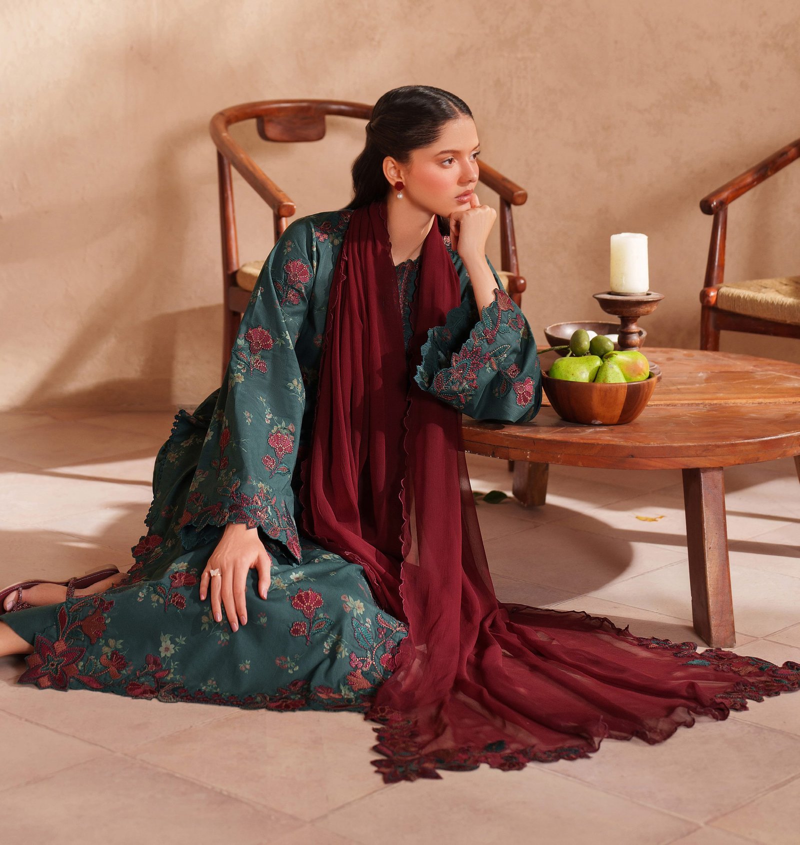 Iznik Luxury Lawn - Teal Green Embroidered Suit - Image 2