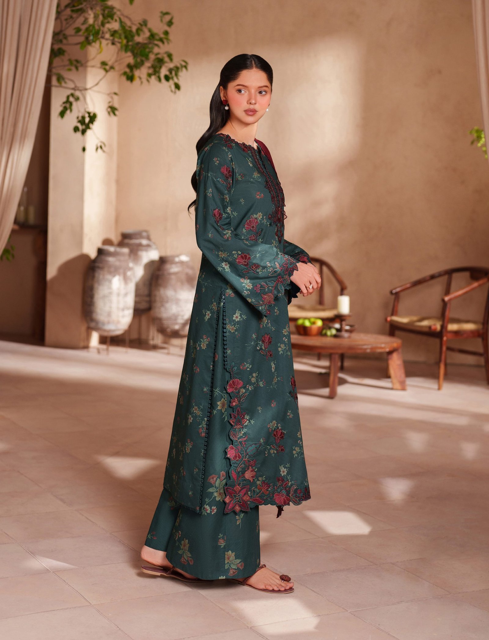 Iznik Luxury Lawn - Teal Green Embroidered Suit - Image 3