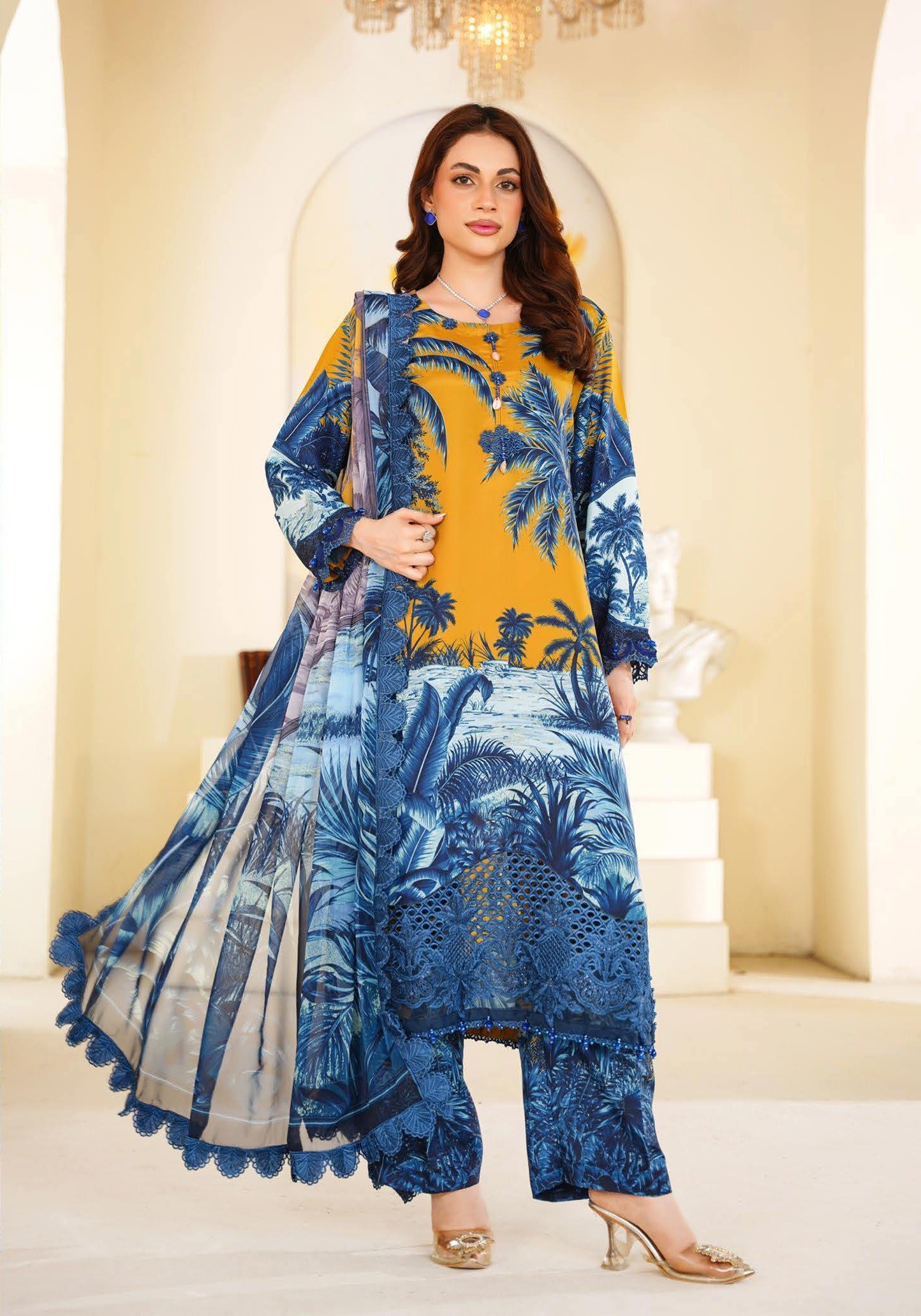 Sajni M.Prints - Mustard Tropical Palm Lawn Suit with Chiffon Dupatta - Image 10