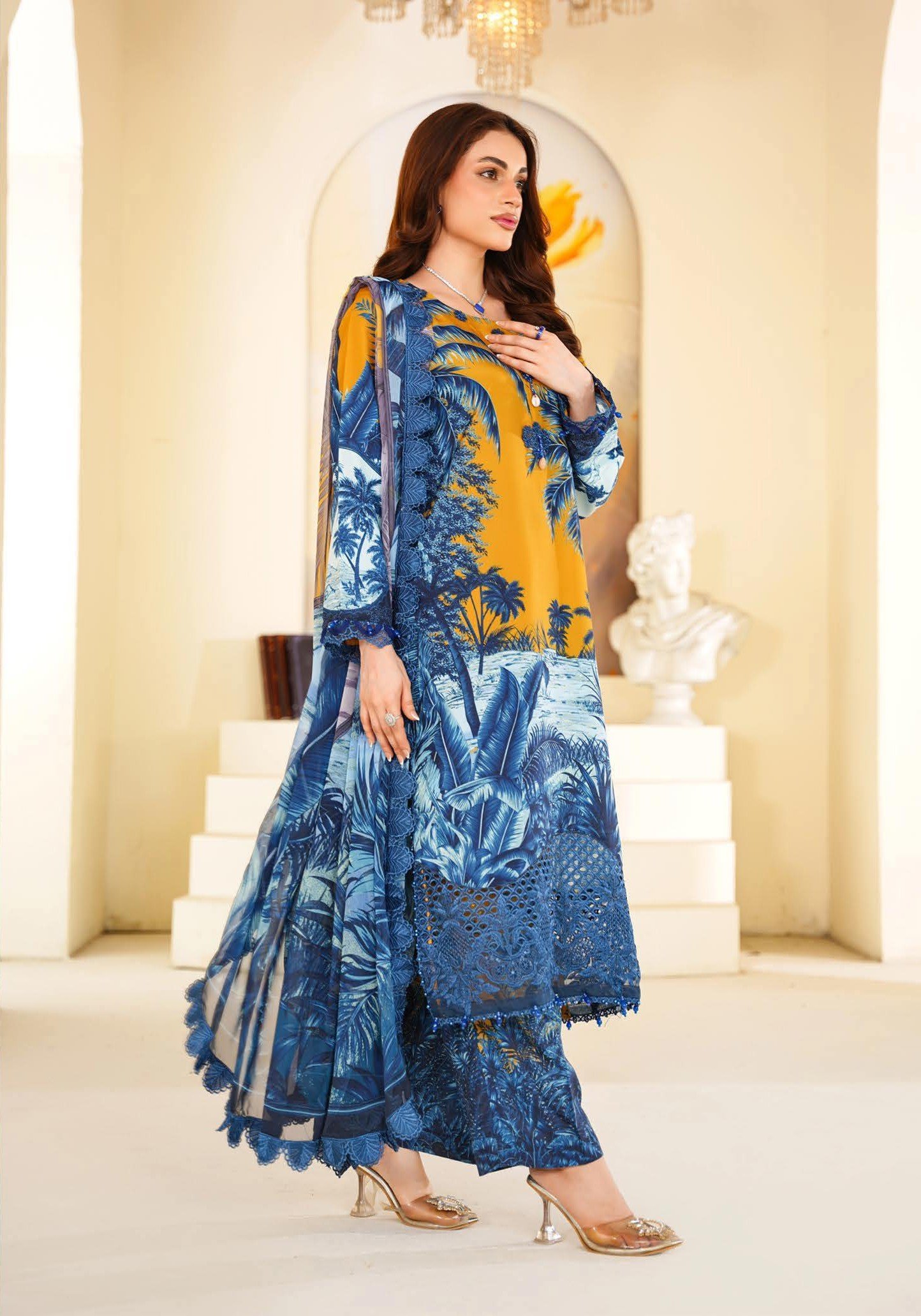 Sajni M.Prints - Mustard Tropical Palm Lawn Suit with Chiffon Dupatta - Image 12