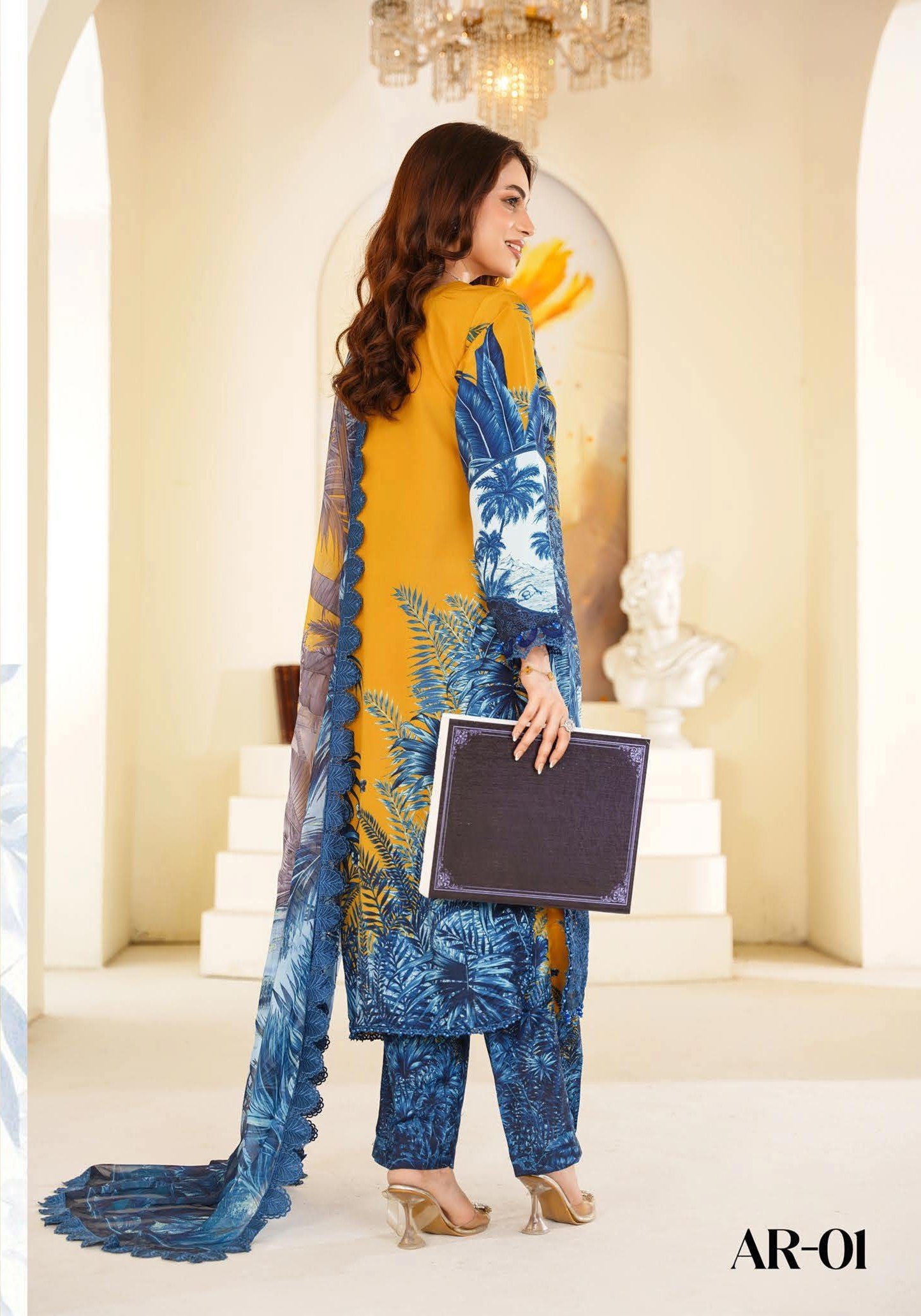 Sajni M.Prints - Mustard Tropical Palm Lawn Suit with Chiffon Dupatta - Image 2