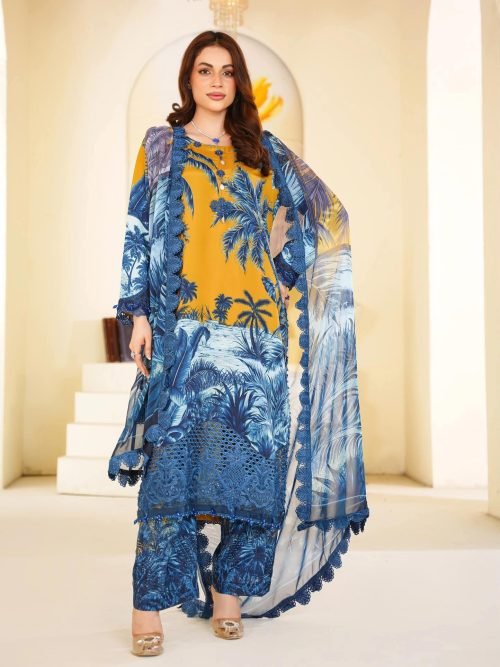 Sajni M.Prints - Mustard Tropical Palm Lawn Suit with Chiffon Dupatta