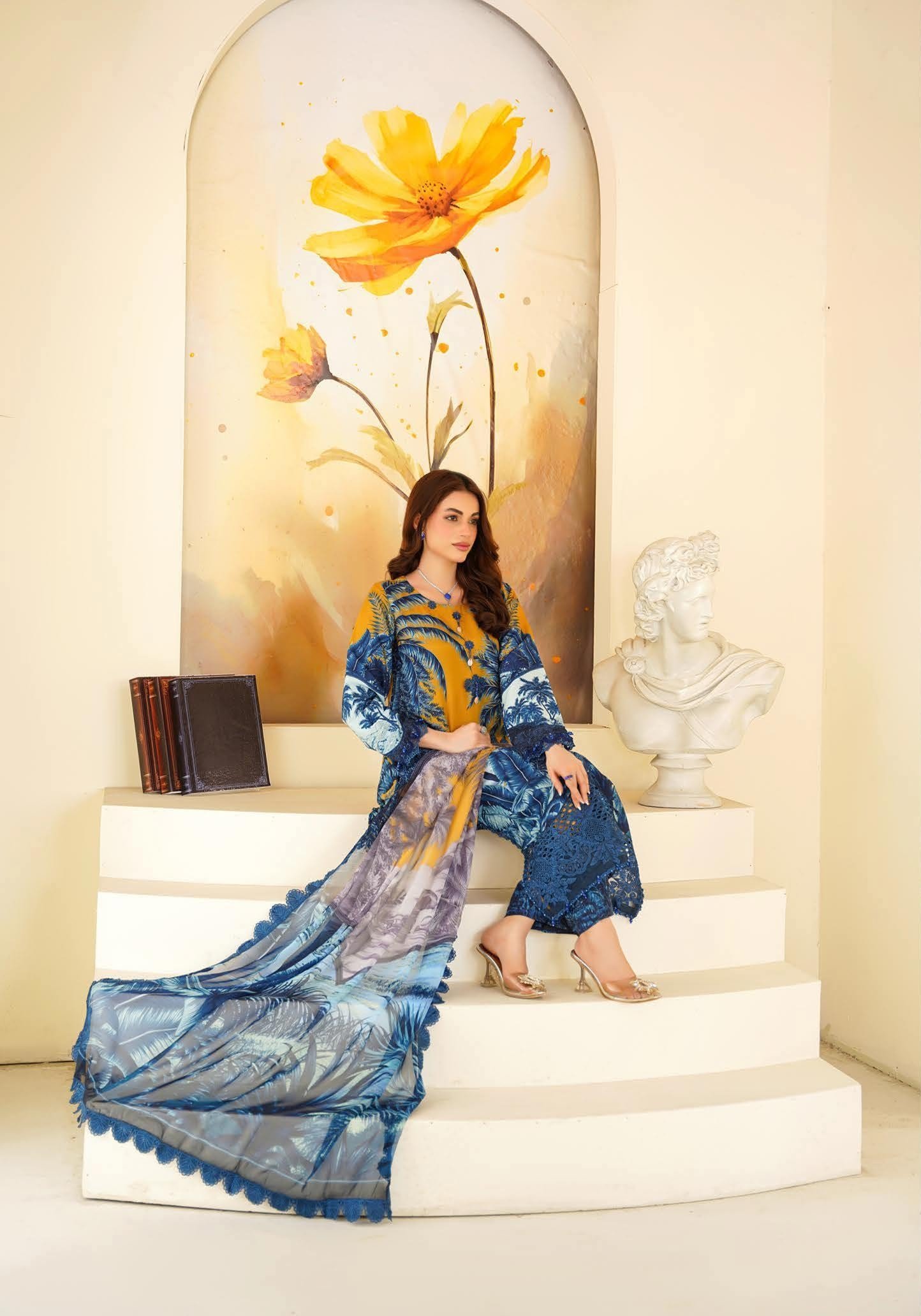 Sajni M.Prints - Mustard Tropical Palm Lawn Suit with Chiffon Dupatta - Image 7