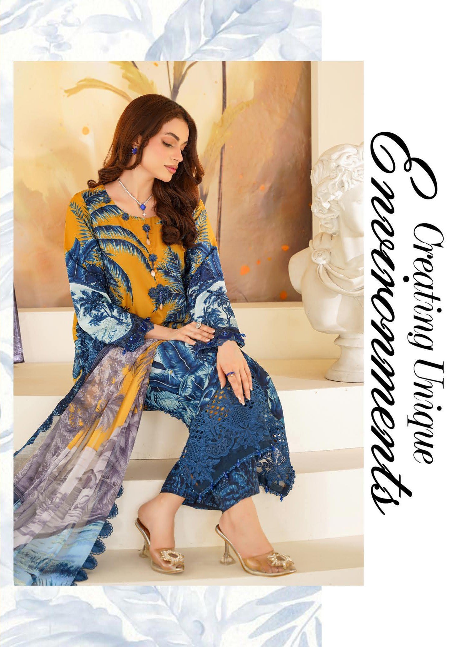 Sajni M.Prints - Mustard Tropical Palm Lawn Suit with Chiffon Dupatta - Image 8