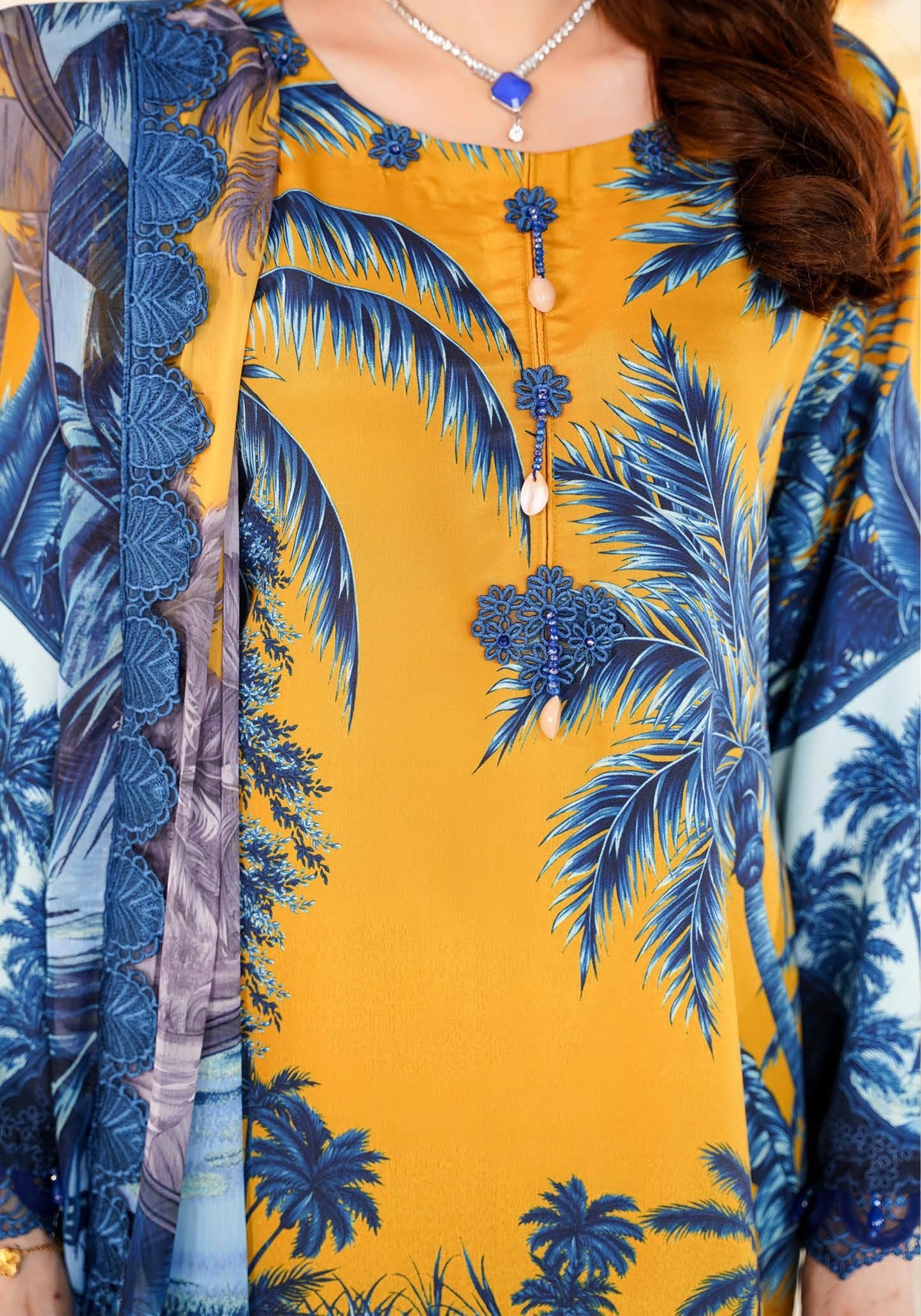 Sajni M.Prints - Mustard Tropical Palm Lawn Suit with Chiffon Dupatta - Image 9