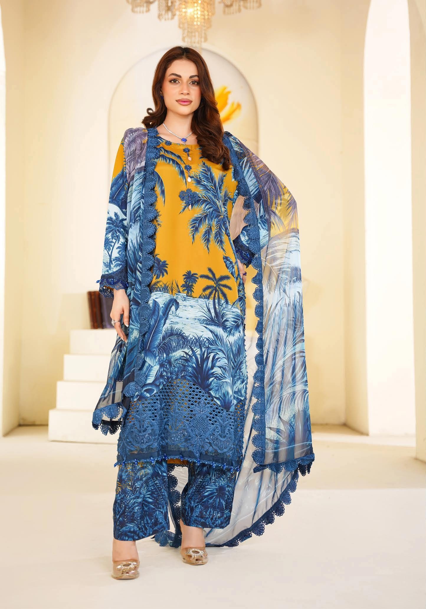 Sajni M.Prints - Mustard Tropical Palm Lawn Suit with Chiffon Dupatta