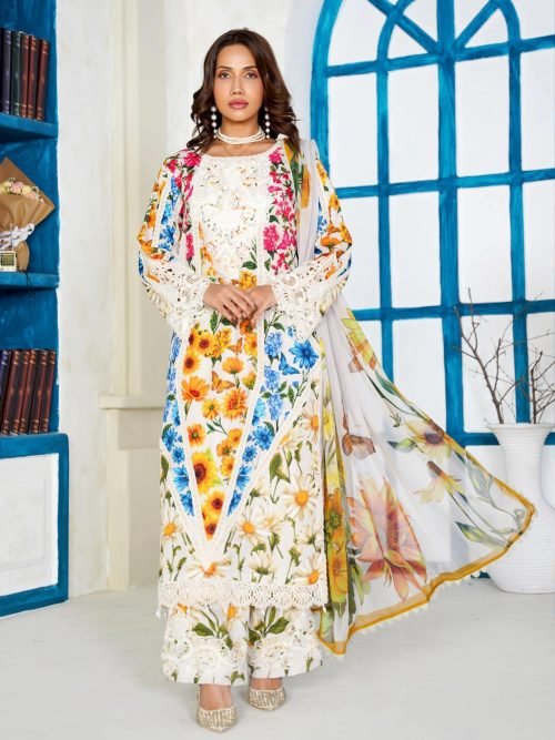 Sajni M.Prints - Crimson Ethnic Lawn Suit with Chiffon Dupatta