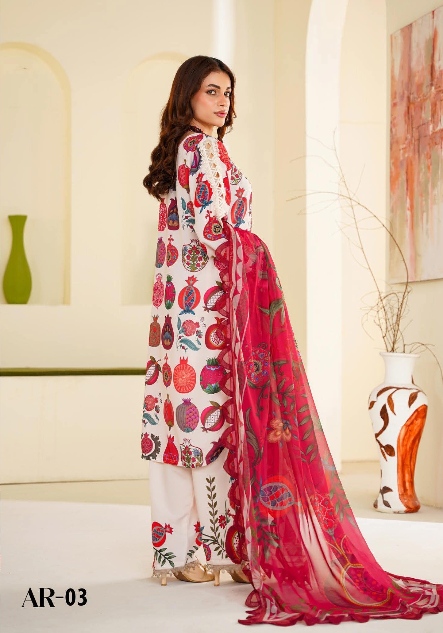 Sajni M.Prints - Cream Pomegranate Lawn Suit with Chiffon Dupatta - Image 2