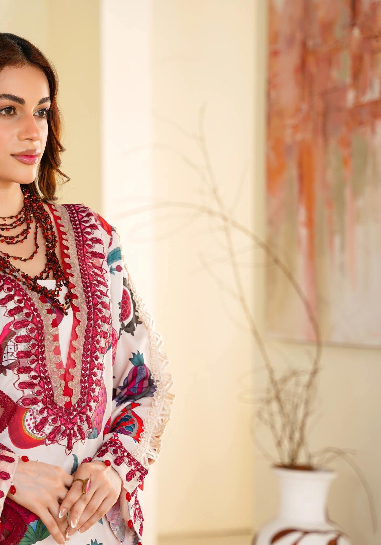 Sajni M.Prints - Cream Pomegranate Lawn Suit with Chiffon Dupatta - Image 4