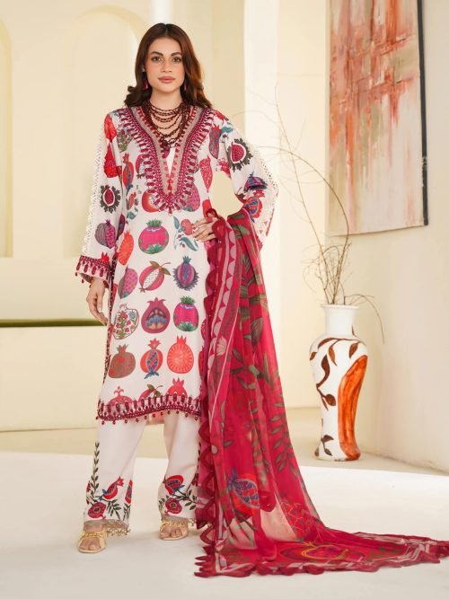 Sajni M.Prints - Cream Pomegranate Lawn Suit with Chiffon Dupatta