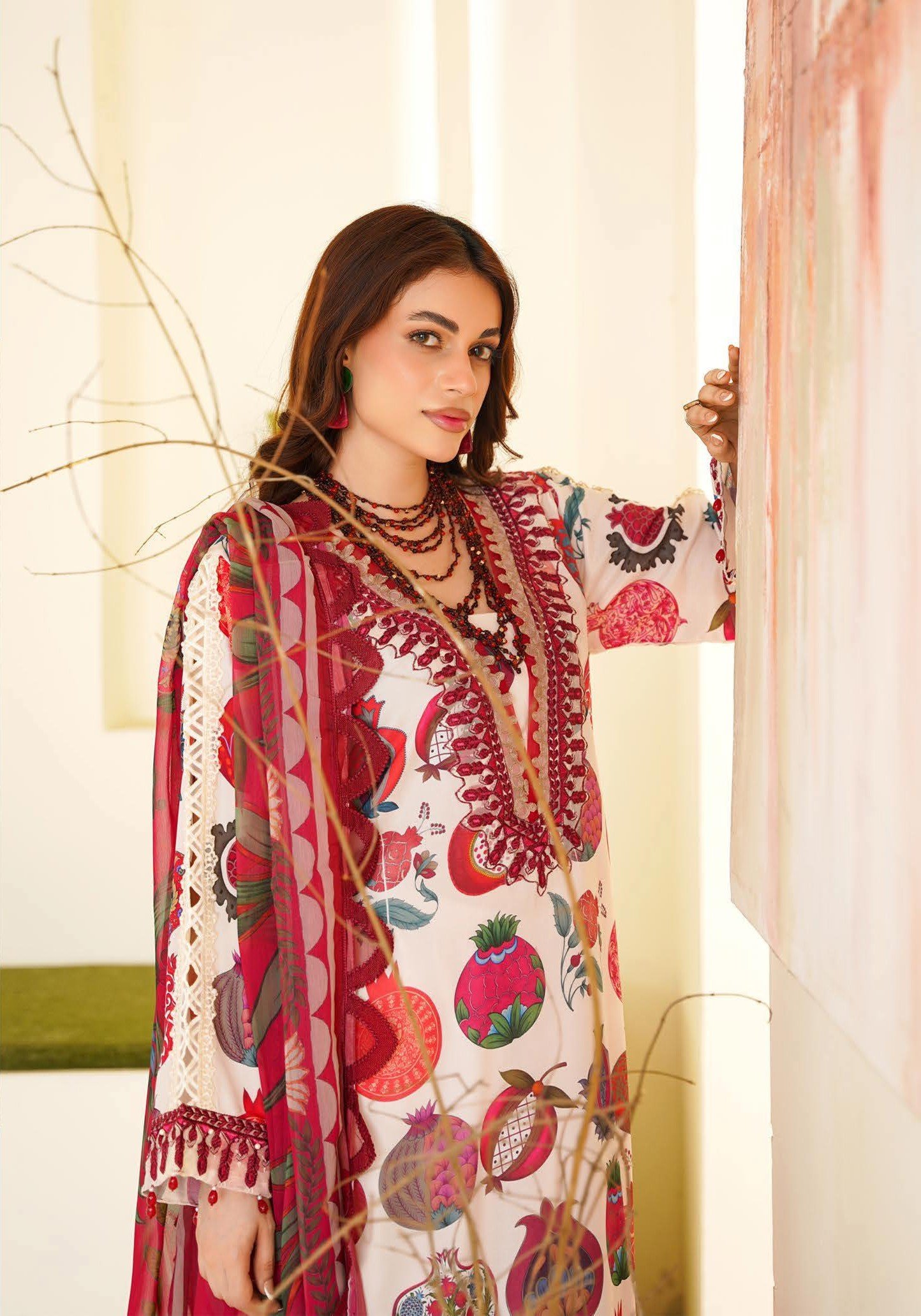 Sajni M.Prints - Cream Pomegranate Lawn Suit with Chiffon Dupatta - Image 6