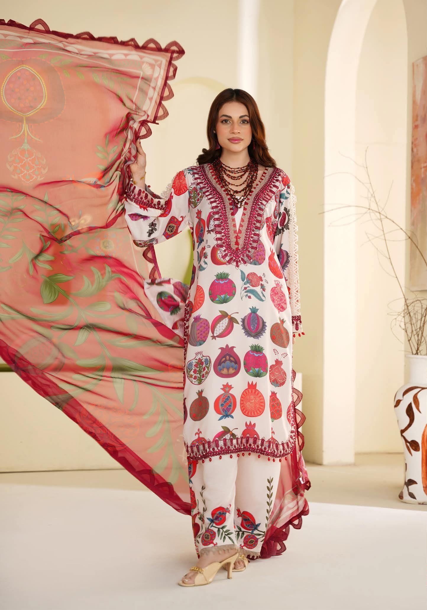 Sajni M.Prints - Cream Pomegranate Lawn Suit with Chiffon Dupatta - Image 7