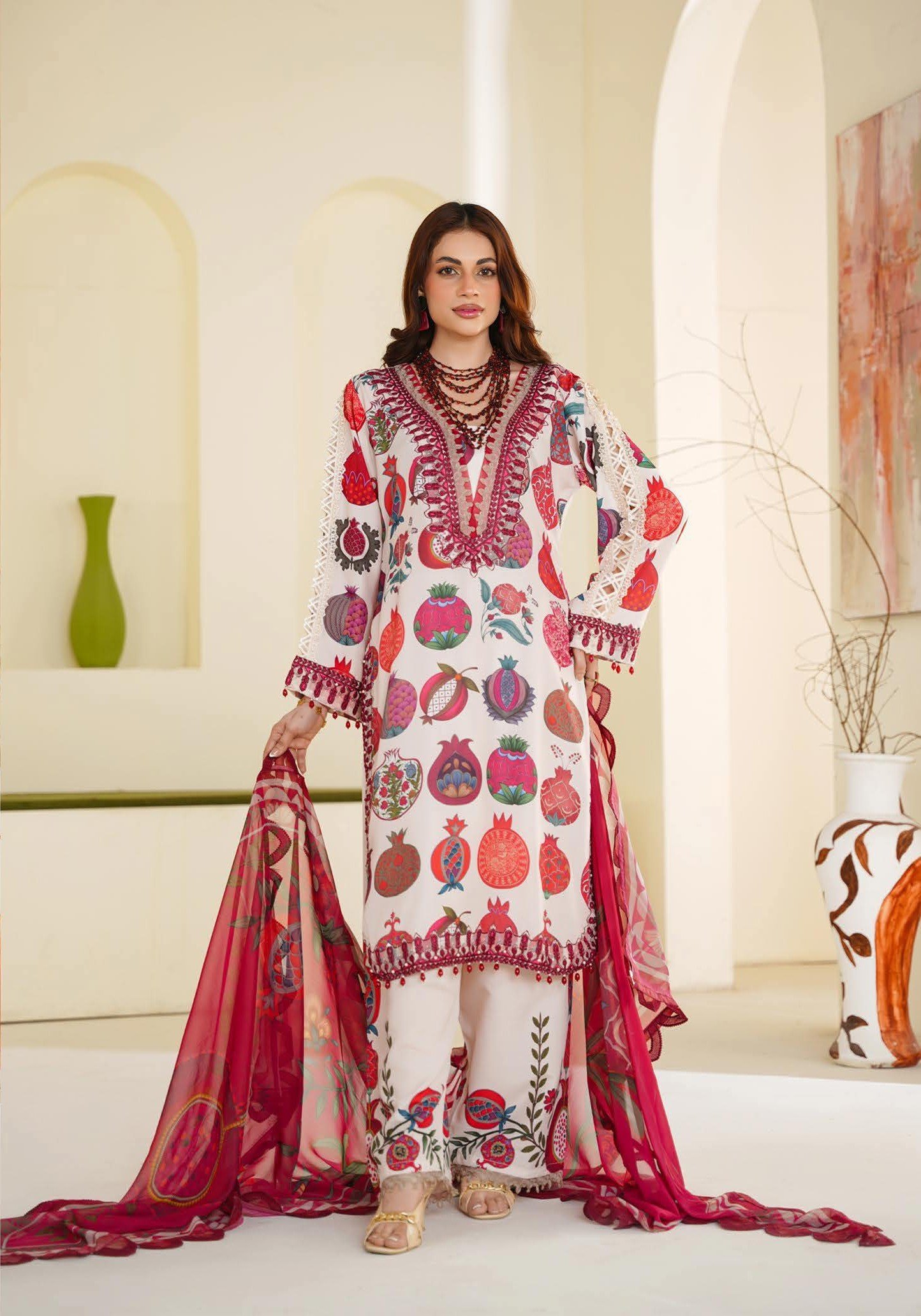 Sajni M.Prints - Cream Pomegranate Lawn Suit with Chiffon Dupatta - Image 8