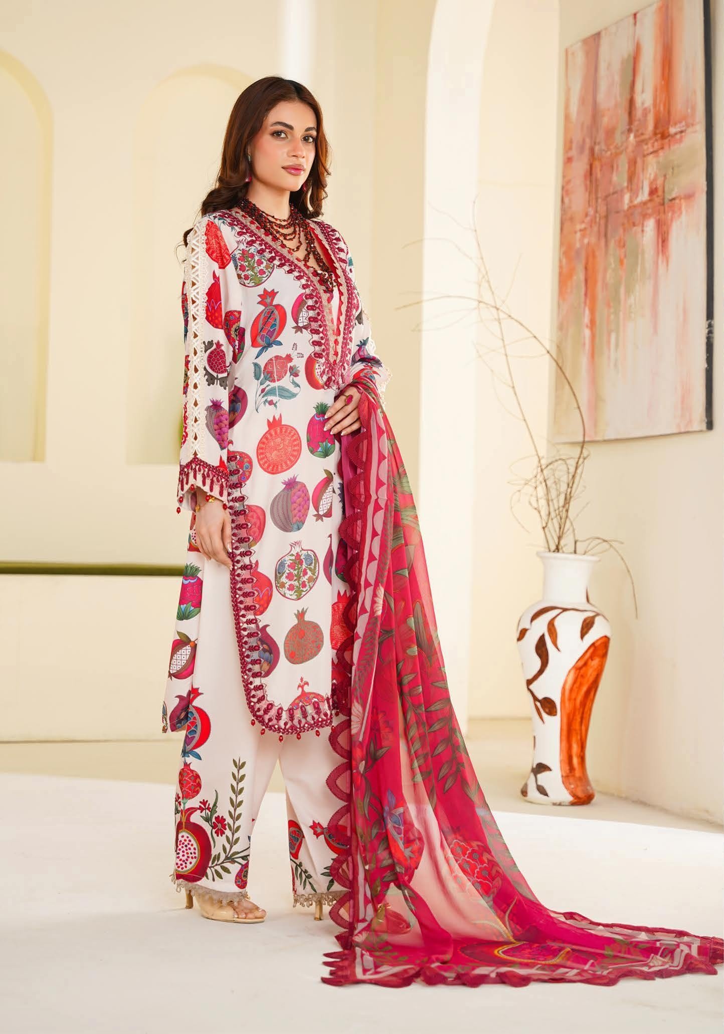 Sajni M.Prints - Cream Pomegranate Lawn Suit with Chiffon Dupatta - Image 9