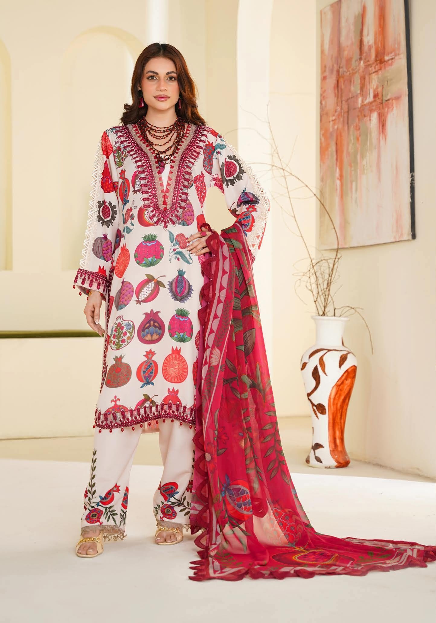 Sajni M.Prints - Cream Pomegranate Lawn Suit with Chiffon Dupatta