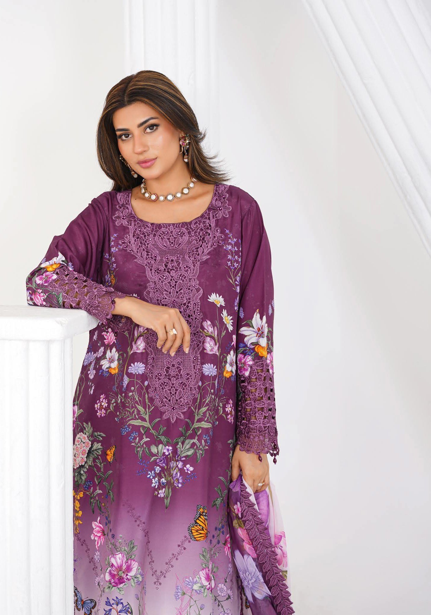 Sajni M.Prints - Emerald Botanical Lawn Suit with Chiffon Dupatta - Image 4