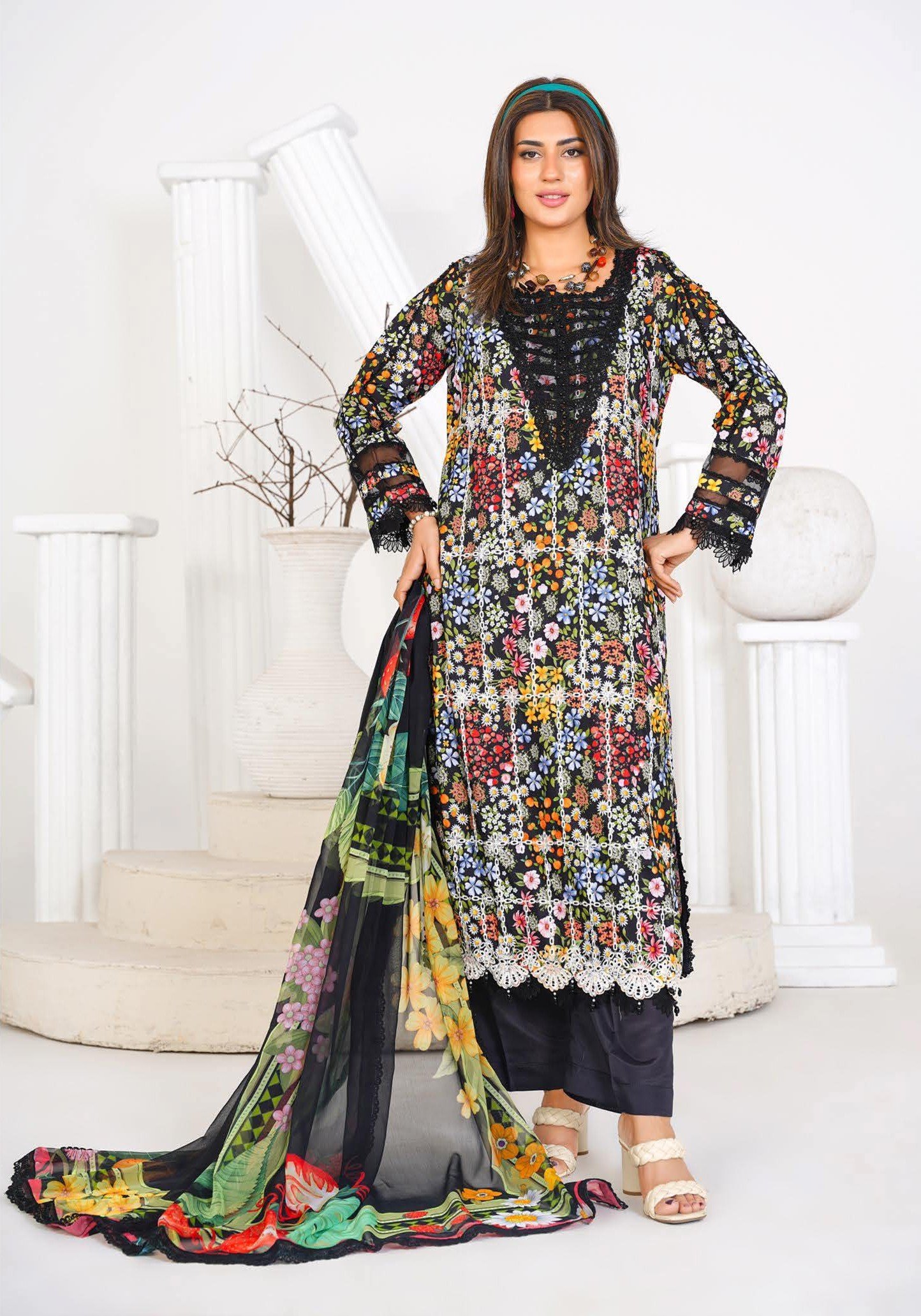 Sajni M.Prints - Midnight Garden Cutwork Lawn Suit with Chiffon Dupatta - Image 2
