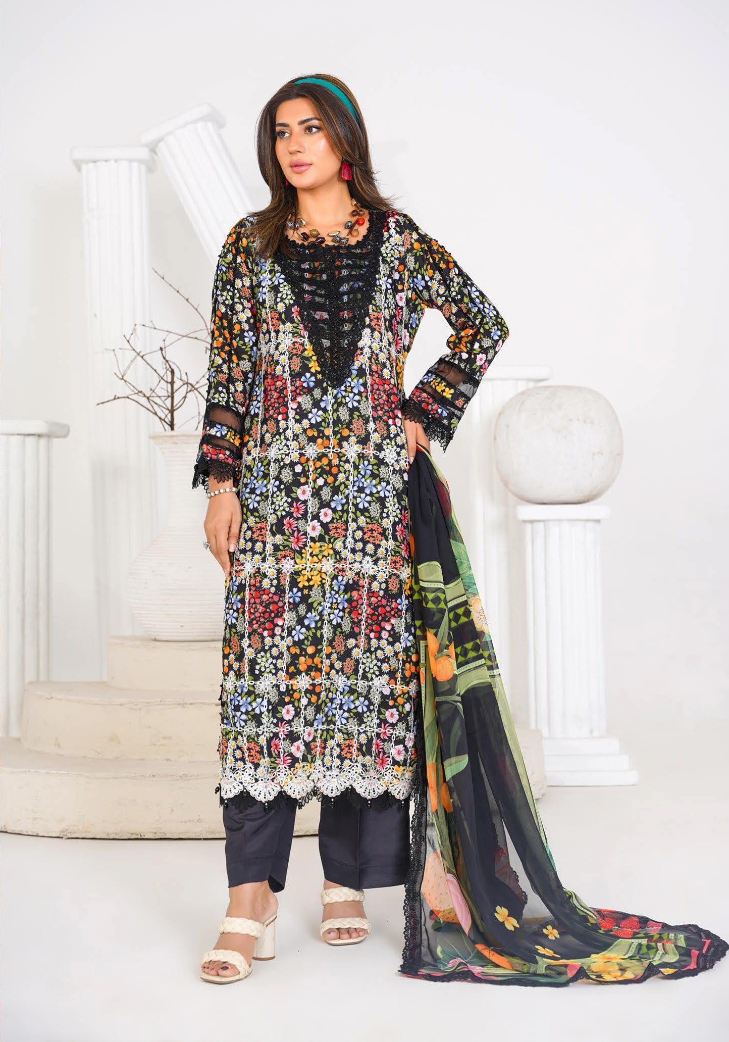 Sajni M.Prints - Midnight Garden Cutwork Lawn Suit with Chiffon Dupatta - Image 6