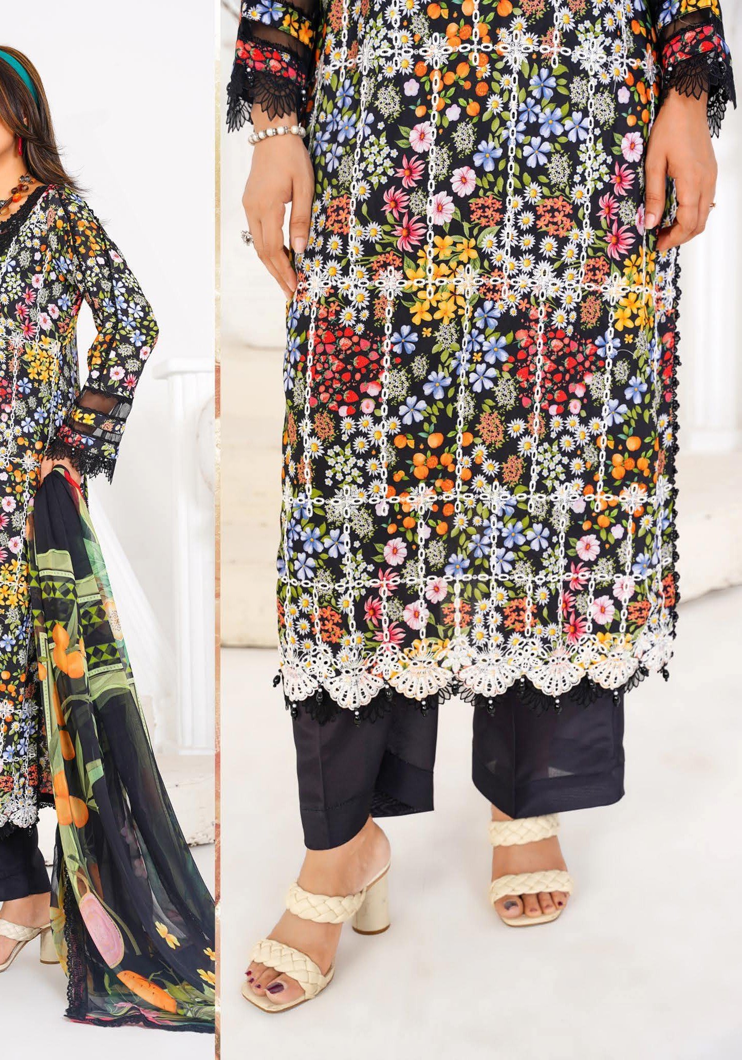 Sajni M.Prints - Midnight Garden Cutwork Lawn Suit with Chiffon Dupatta - Image 8