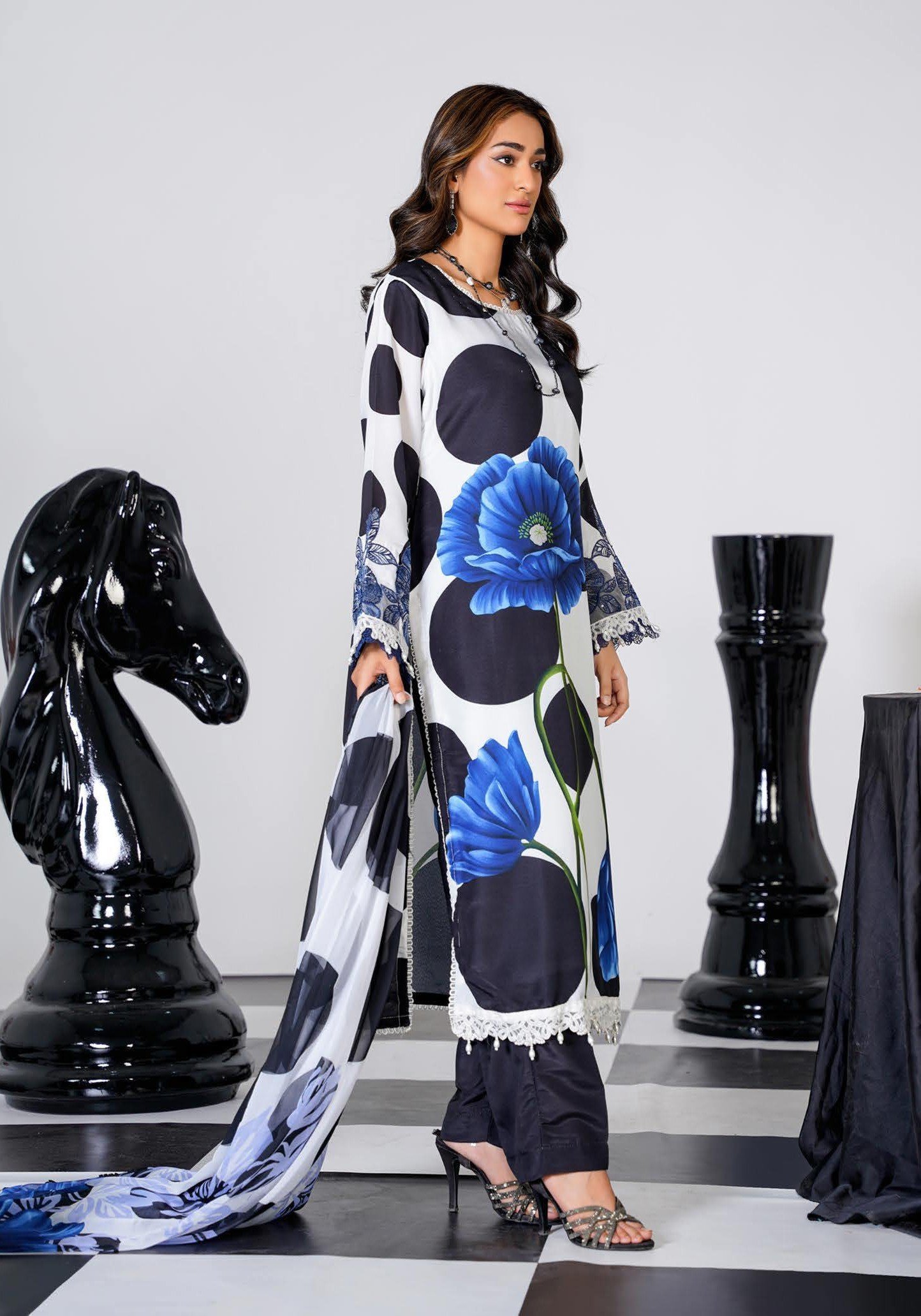 Sajni M.Prints - Monochrome Polka Poppy Lawn Suit with Chiffon Dupatta - Image 10