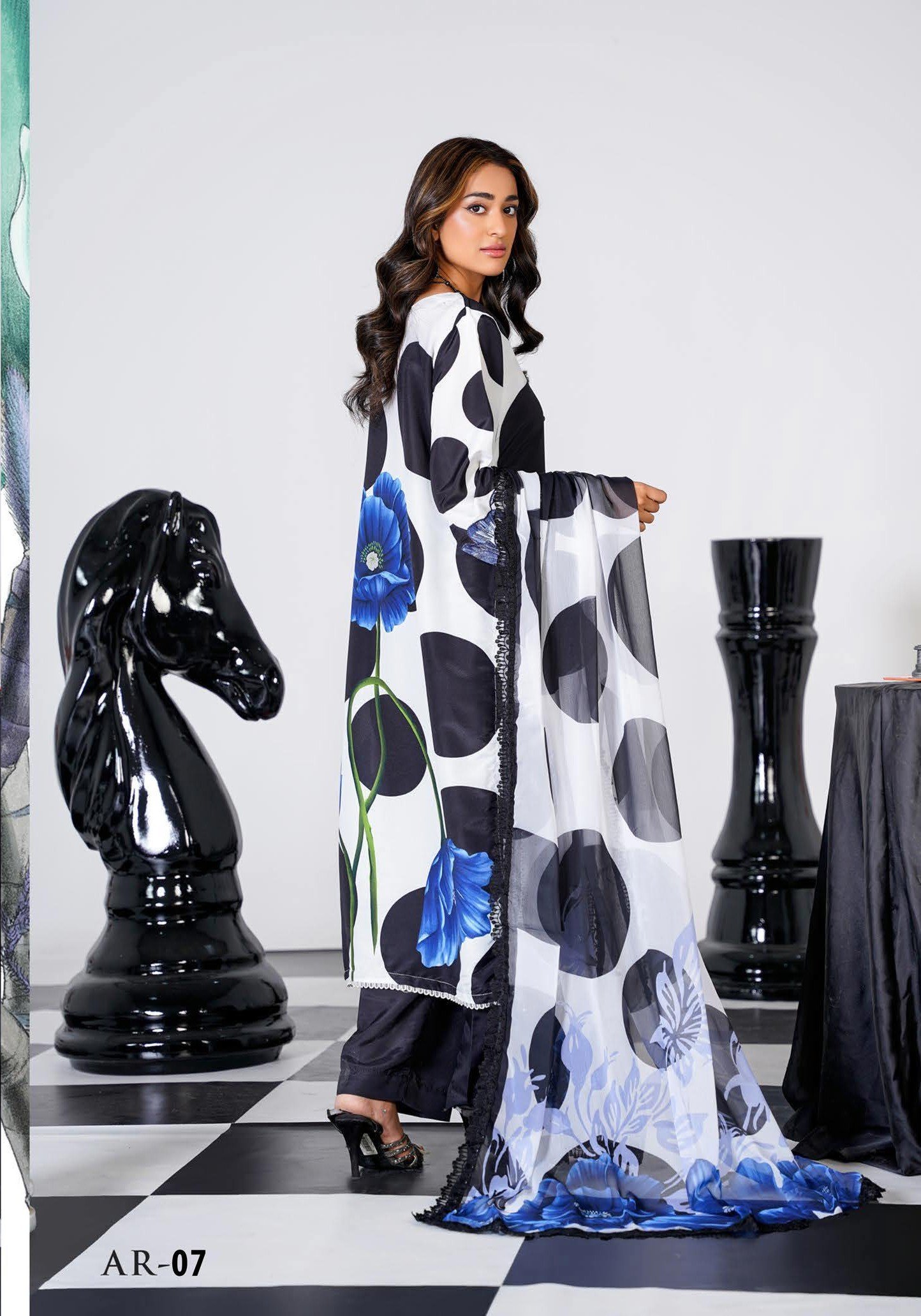 Sajni M.Prints - Monochrome Polka Poppy Lawn Suit with Chiffon Dupatta - Image 2