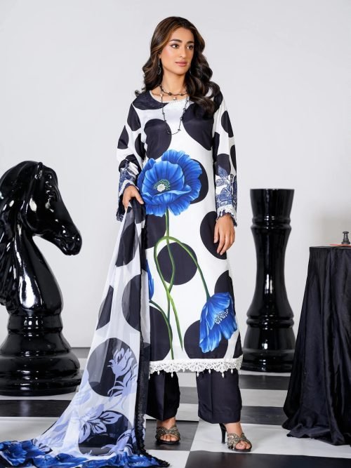Sajni M.Prints - Monochrome Polka Poppy Lawn Suit with Chiffon Dupatta
