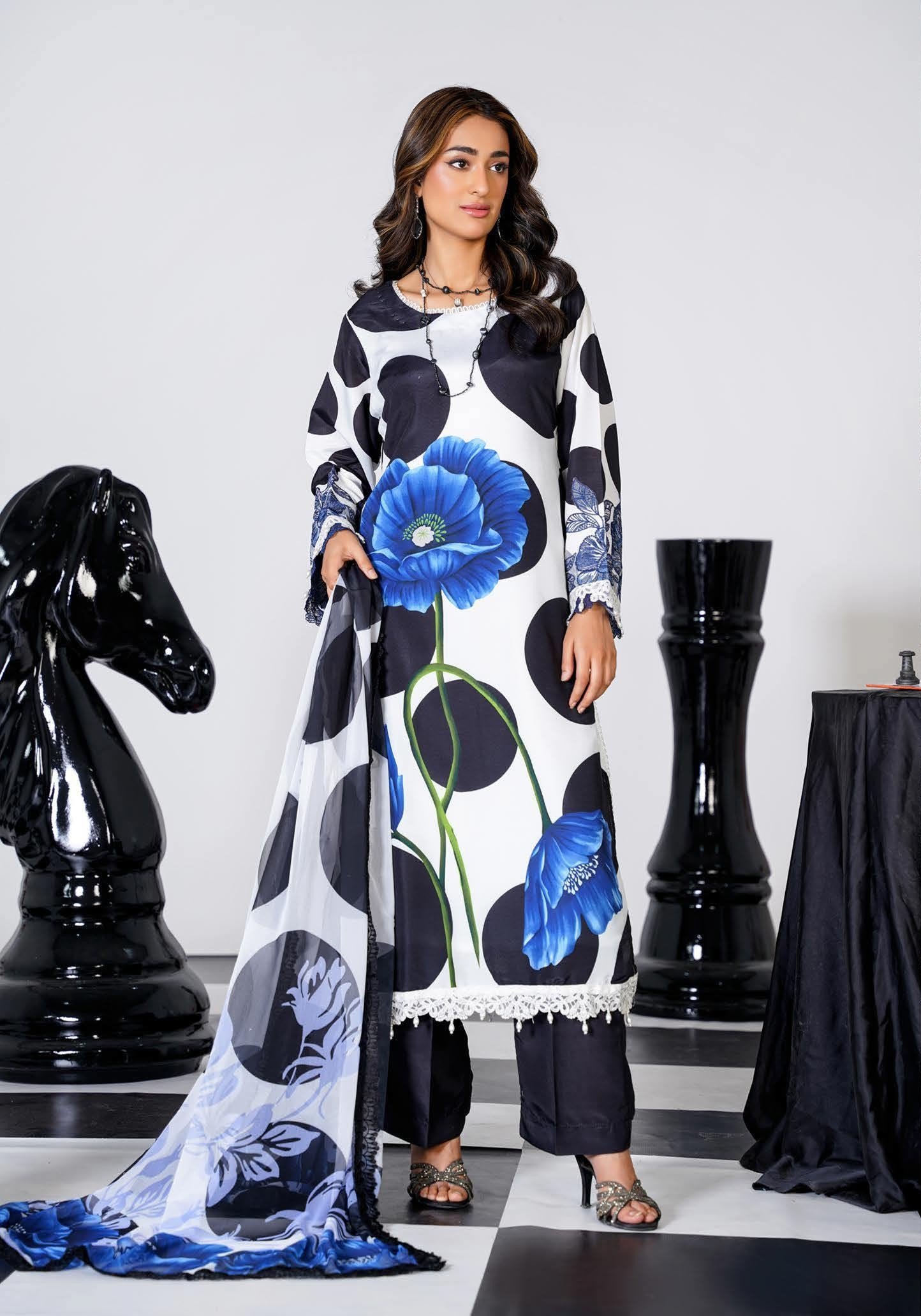 Sajni M.Prints - Monochrome Polka Poppy Lawn Suit with Chiffon Dupatta