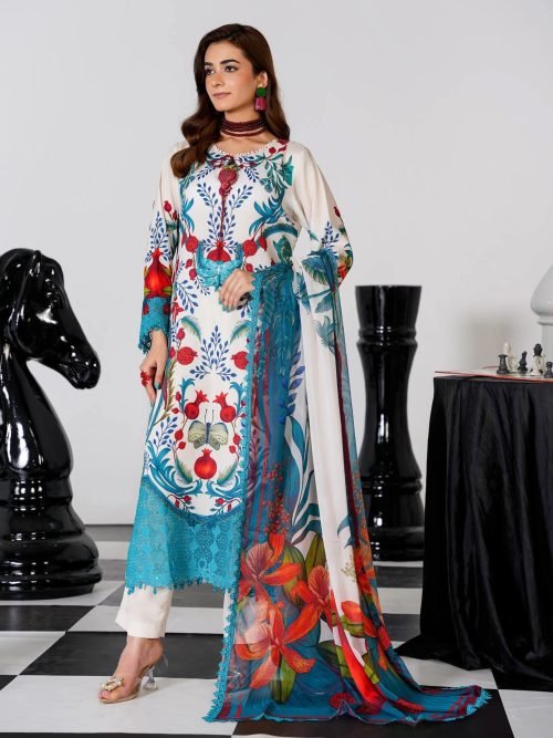 Sajni M.Prints - Sunset Coral Festive Lawn Suit with Chiffon Dupatta